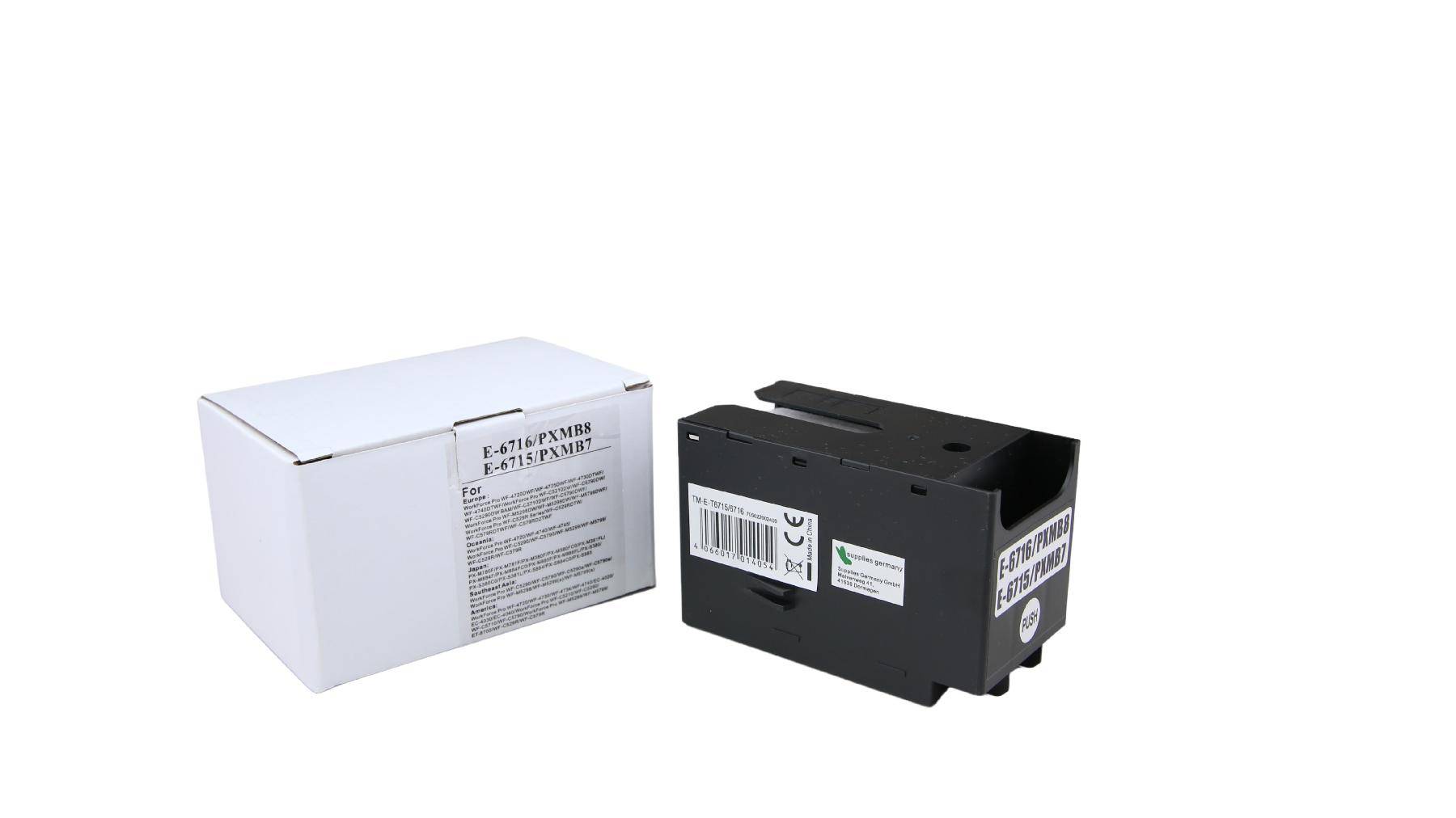 Weiße Produktbox neben einem schwarzen elektronischen Modul mit Etiketten, auf einem einfachen Hintergrund gezeigt.