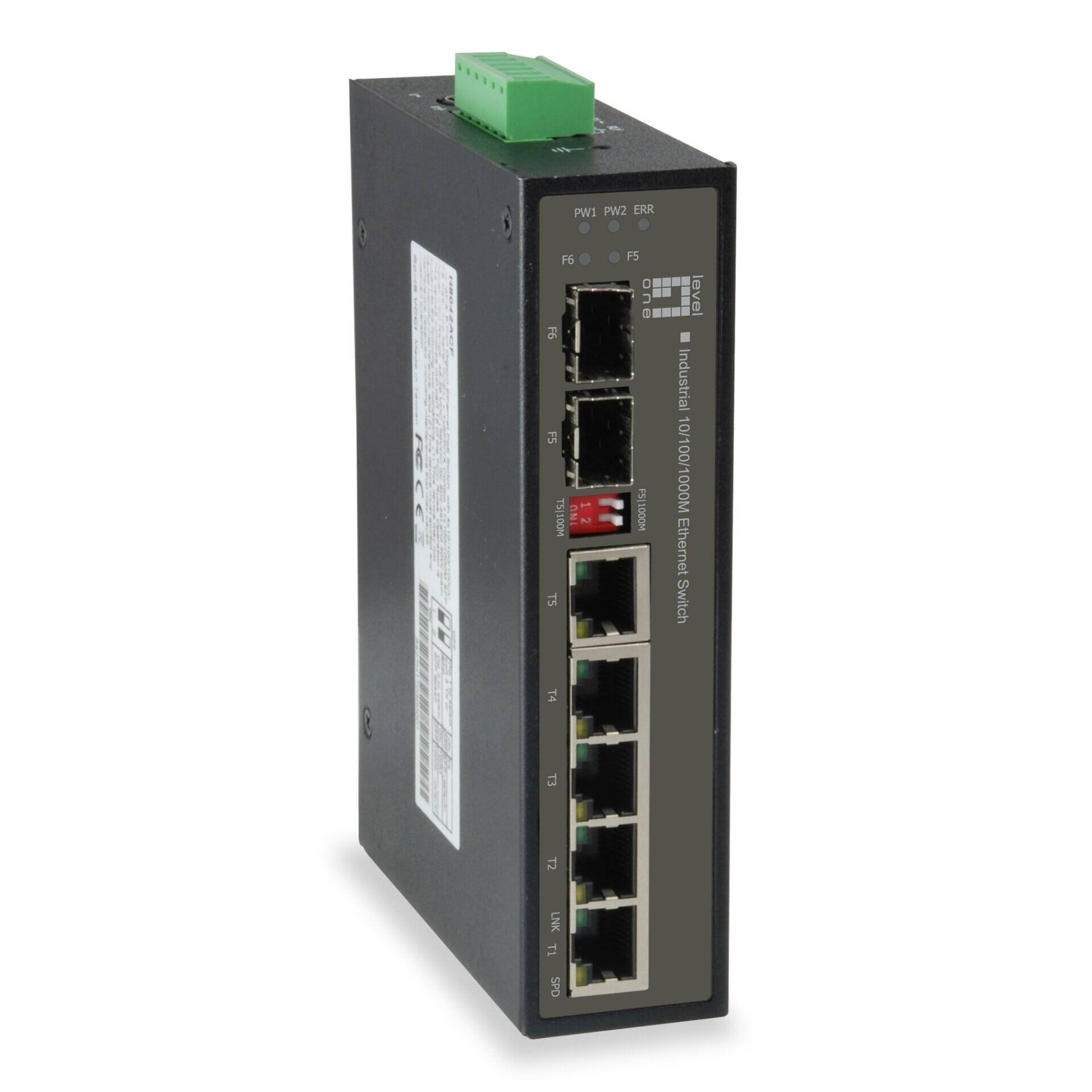 Industrie-Ethernet-Schalter mit mehreren RJ45-Anschlüssen, zwei Uplink-Ports, Status-LEDs und einer grünen Stromversorgungsklemme oben.