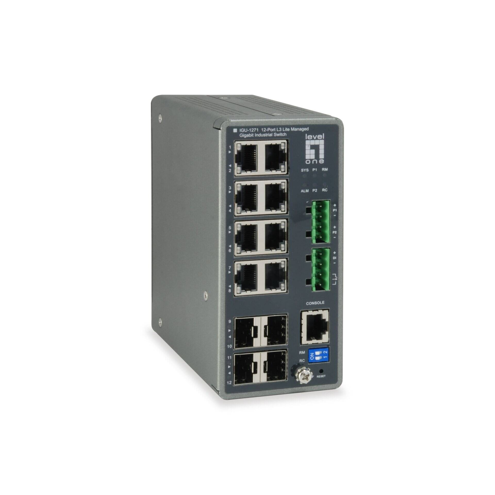 Industrie-Ethernet-Switch mit mehreren RJ45-Anschlüssen, zwei Glasfaser-Anschlüssen, grünen Anschlussklemmen und einem Konsolenport auf der Frontplatte.