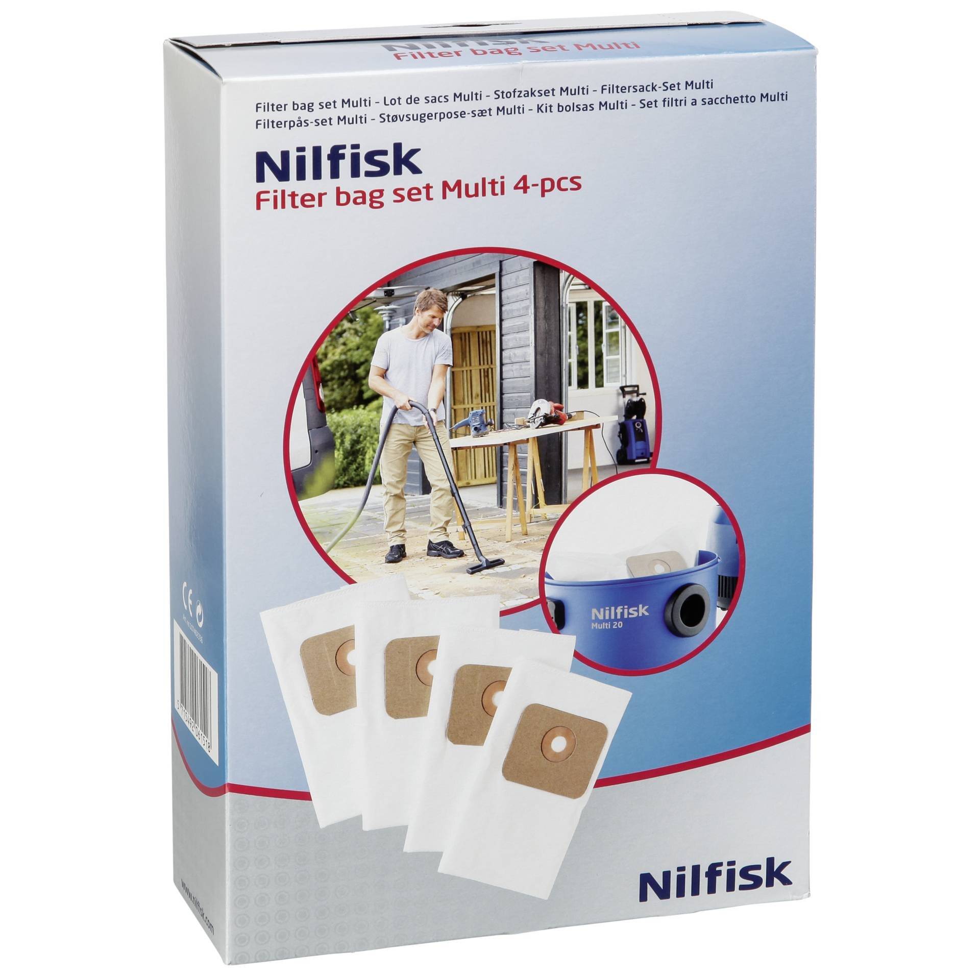Nilfisk 'Filterbeutel-Set Multi 4er' Karton, zeigt vier Staubsaugerbeutel und Fotos eines Staubsaugers in Gebrauch.