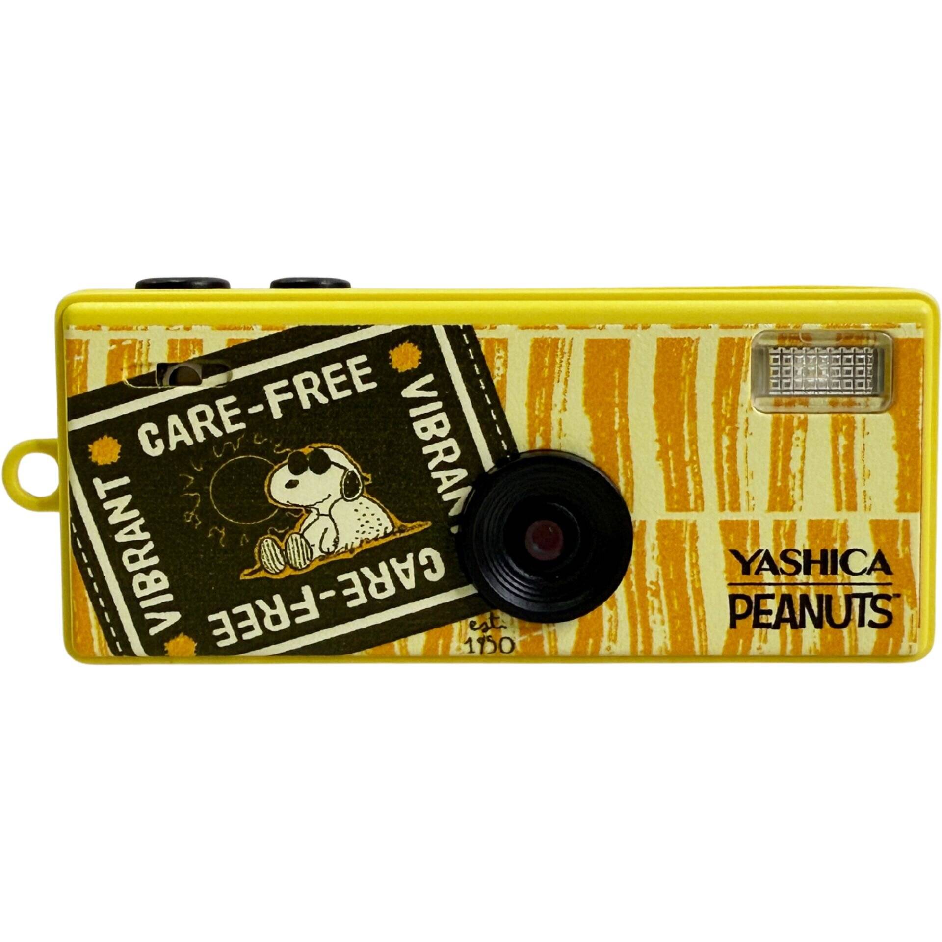 Gelbe Yashica Peanuts Spielzeugkamera mit Snoopy-Grafik „Care-Free Vibrant