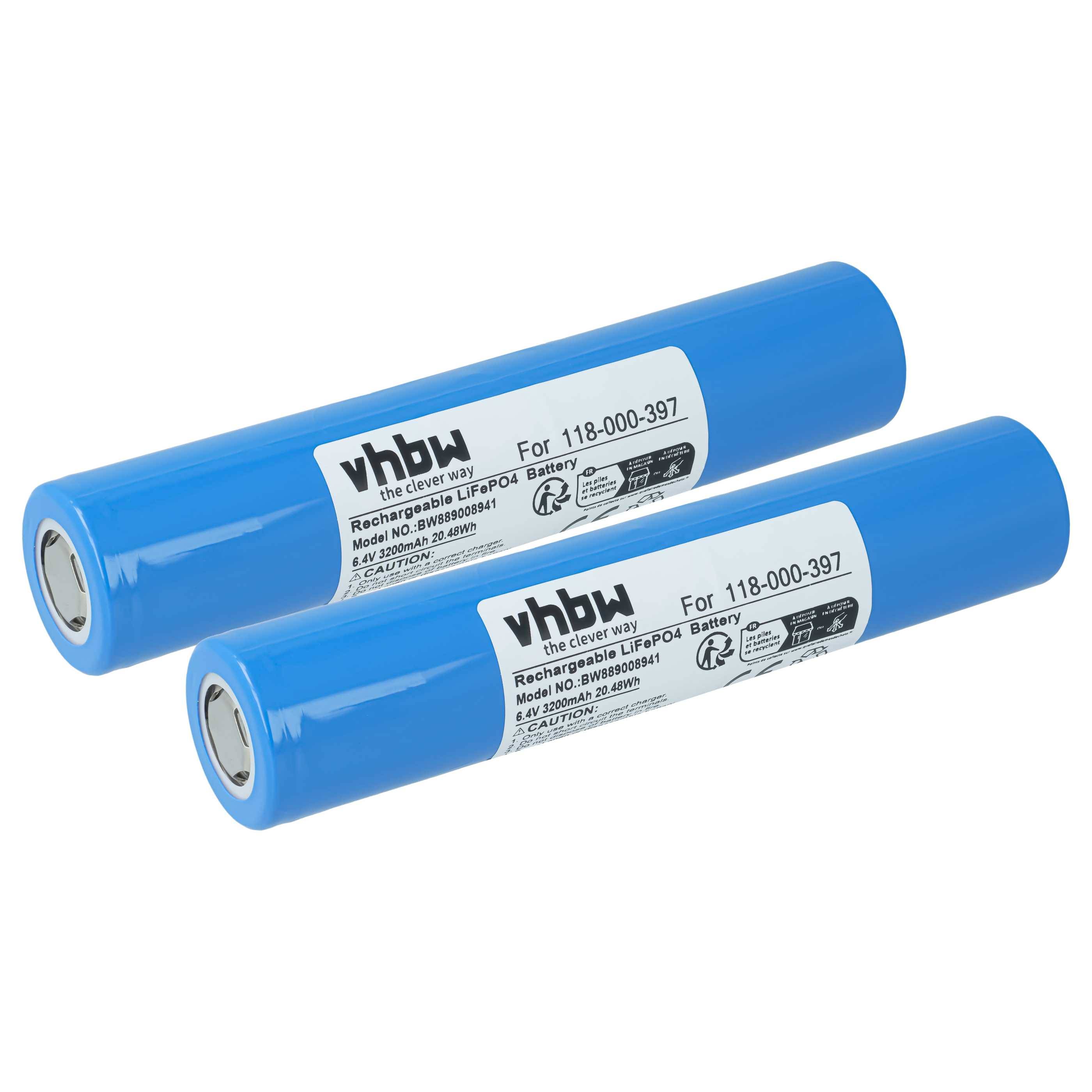 Zwei blaue wiederaufladbare LiFePO4-Batteriezellen mit Beschriftungen, auf weißem Hintergrund gezeigt.