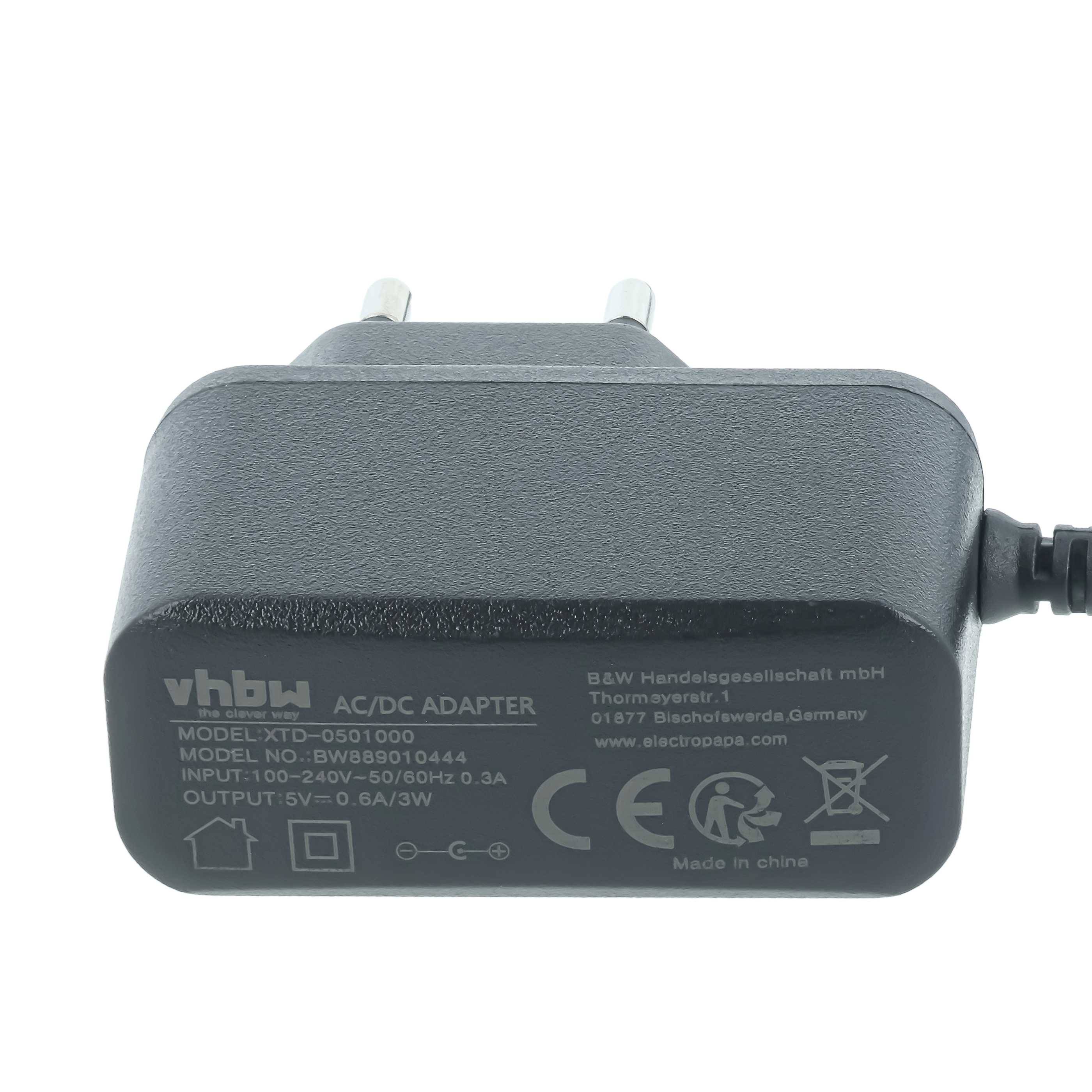 Schwarzer vhbw AC/DC-Stromadapter mit zweipoligem Stecker und angeschlossenem Kabel, gekennzeichnet mit 5V 0,6A Ausgang für den Innengebrauch.