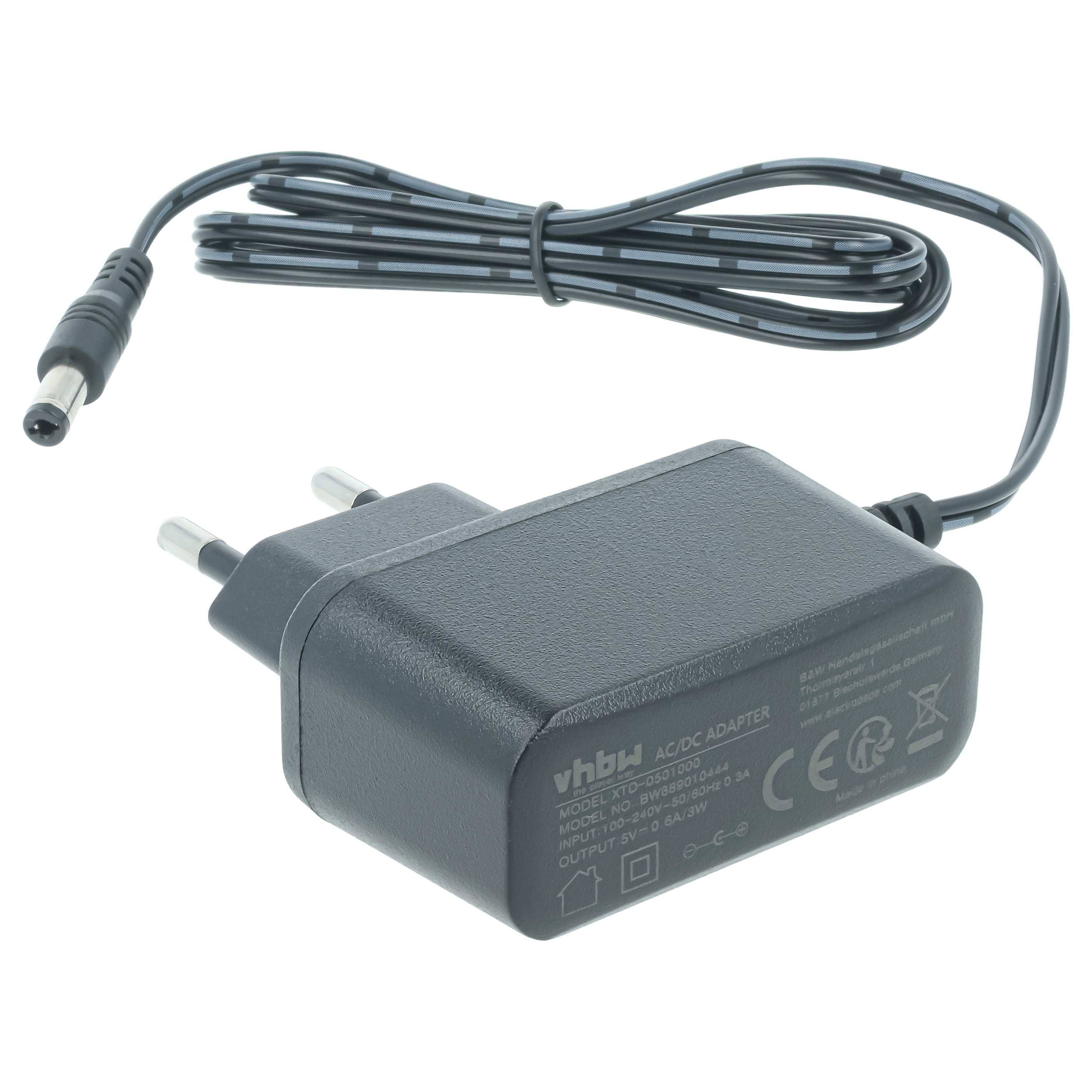Schwarzer Wechselstromadapter mit europäischem Zweipolstecker und angeschlossenem Kabel mit Hohlstecker-Anschluss.