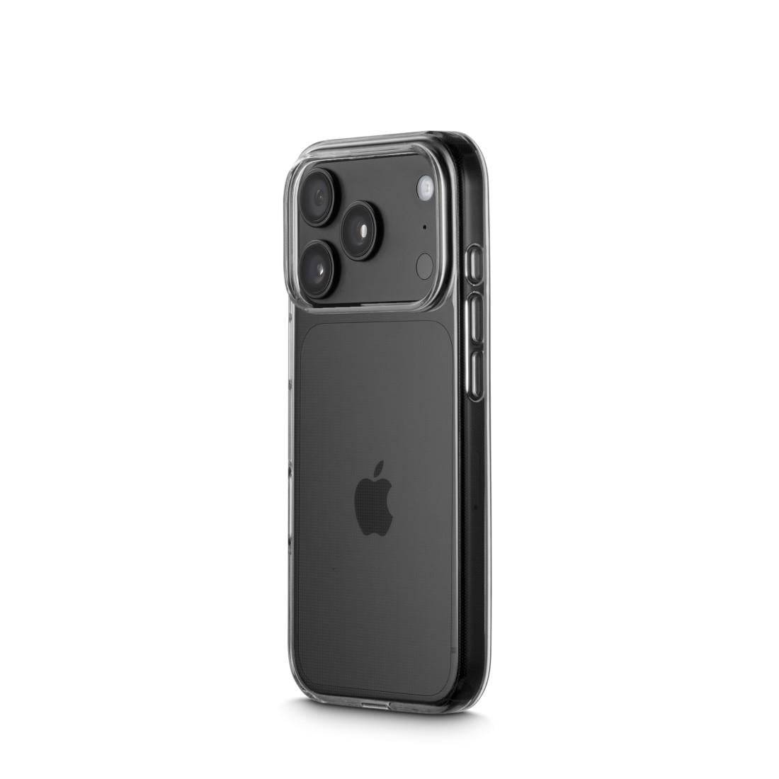 Schwarzes iPhone in einer transparenten Schutzhülle von hinten gezeigt, wobei das Triple-Kamera-Cluster und die Seitentasten hervorgehoben werden.
