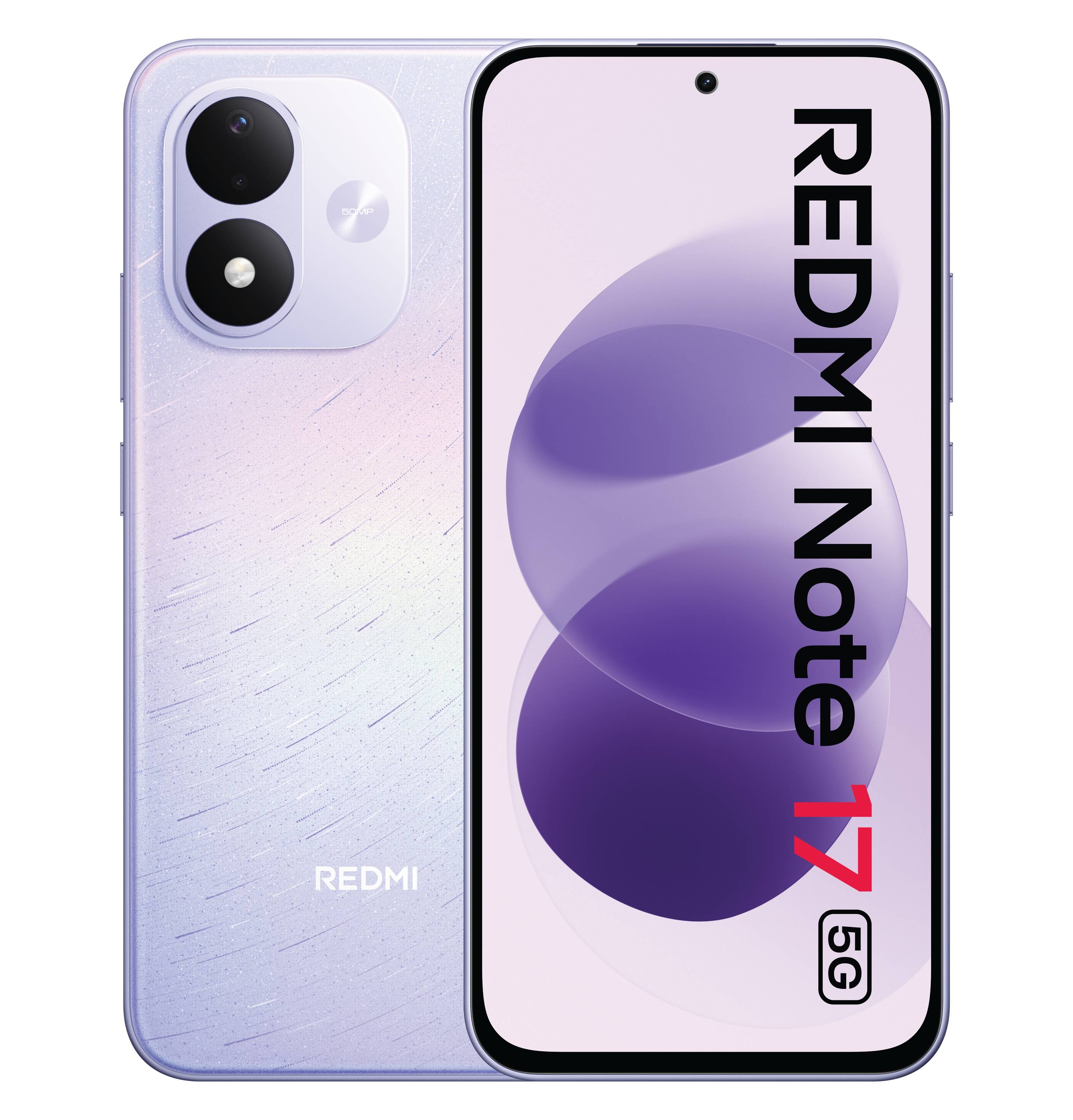 Redmi Note 17 5G Smartphone von vorne und hinten gezeigt, mit lila Bildschirmgrafiken und dualen rückwärtigen Kameras.
