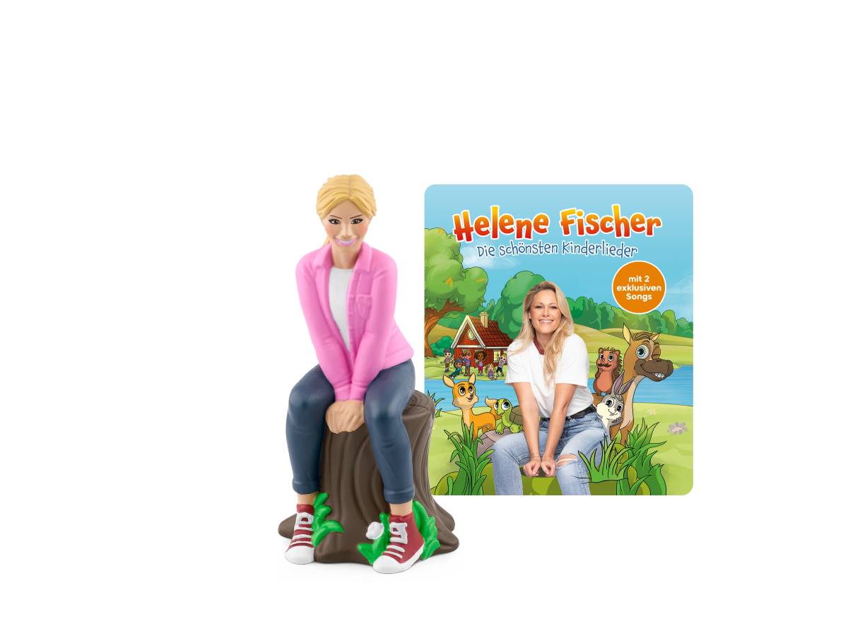 Helene Fischer-Themed Spielzeugfigur sitzend neben einem Kindermusik-Albumcover mit dem Titel „Helene Fischer - Die schönsten Kinderlieder