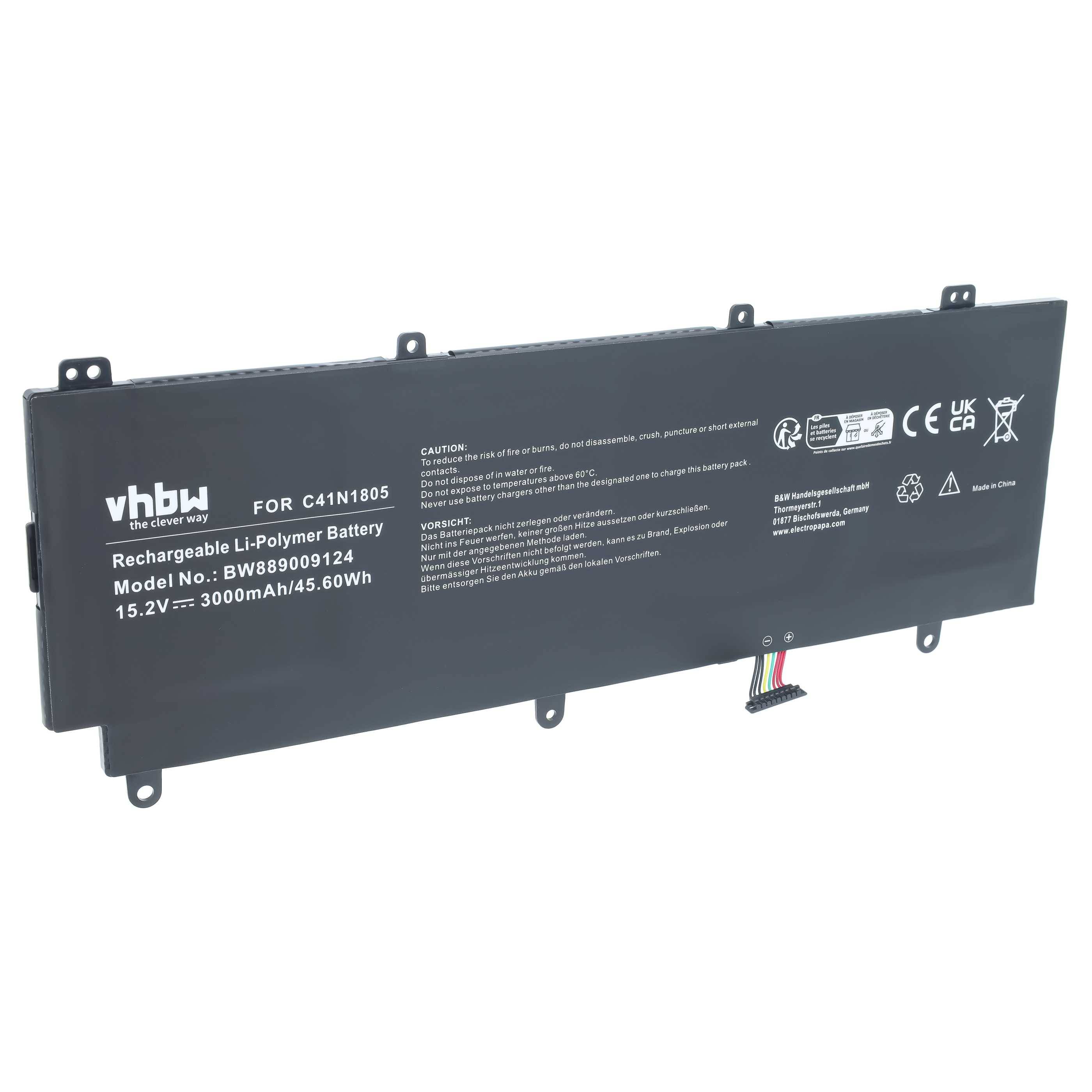 Schwarzes vhbw wiederaufladbares Lithium-Polymer-Akku für Laptop, gekennzeichnet für C41N1805, 15,2V 3000mAh/45,60Wh.