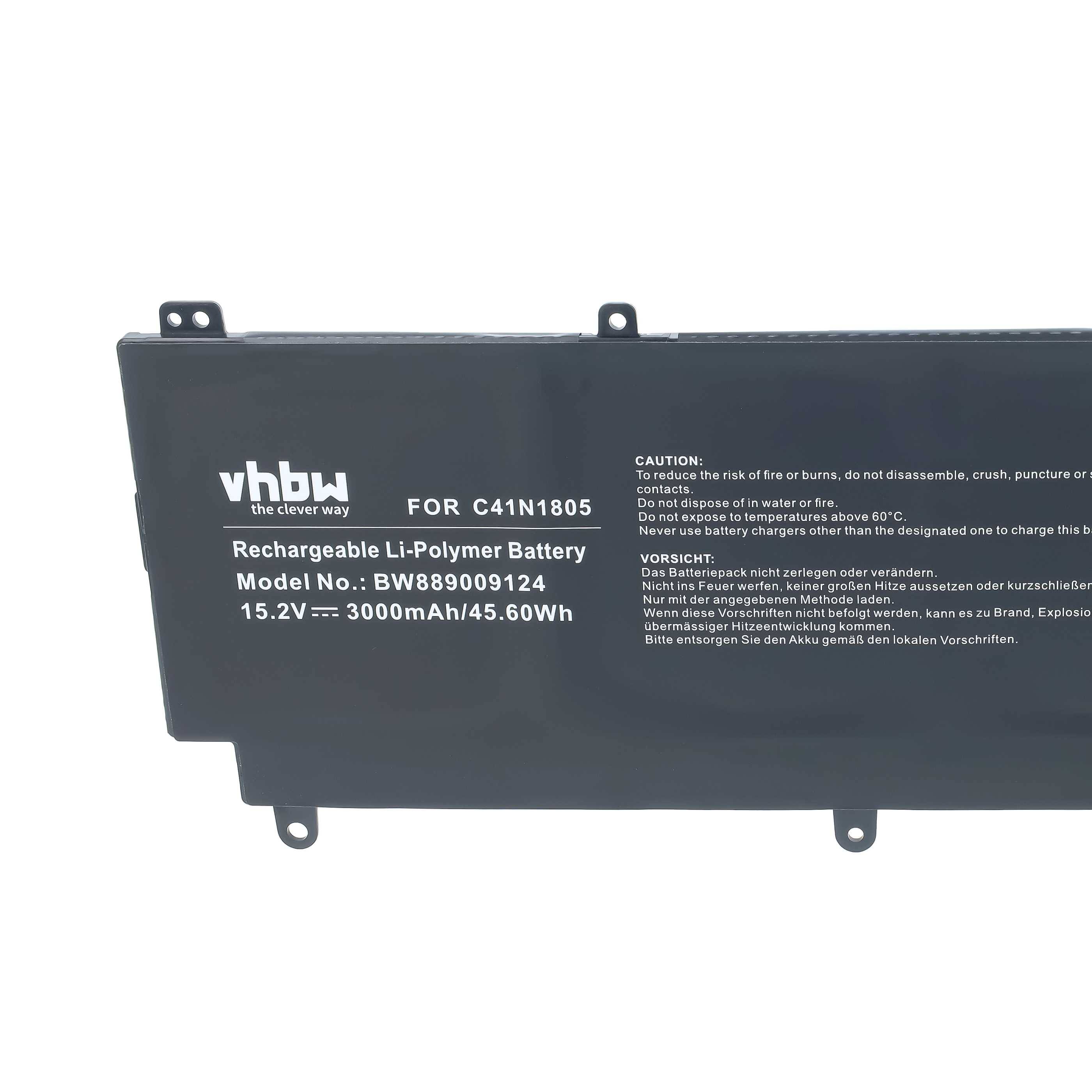 Schwarzer wiederaufladbarer Lithium-Polymer-Akku mit der Bezeichnung „vhbw" für C41N1805, Modell BW889009124, 15,2V 3000mAh/45,60Wh.