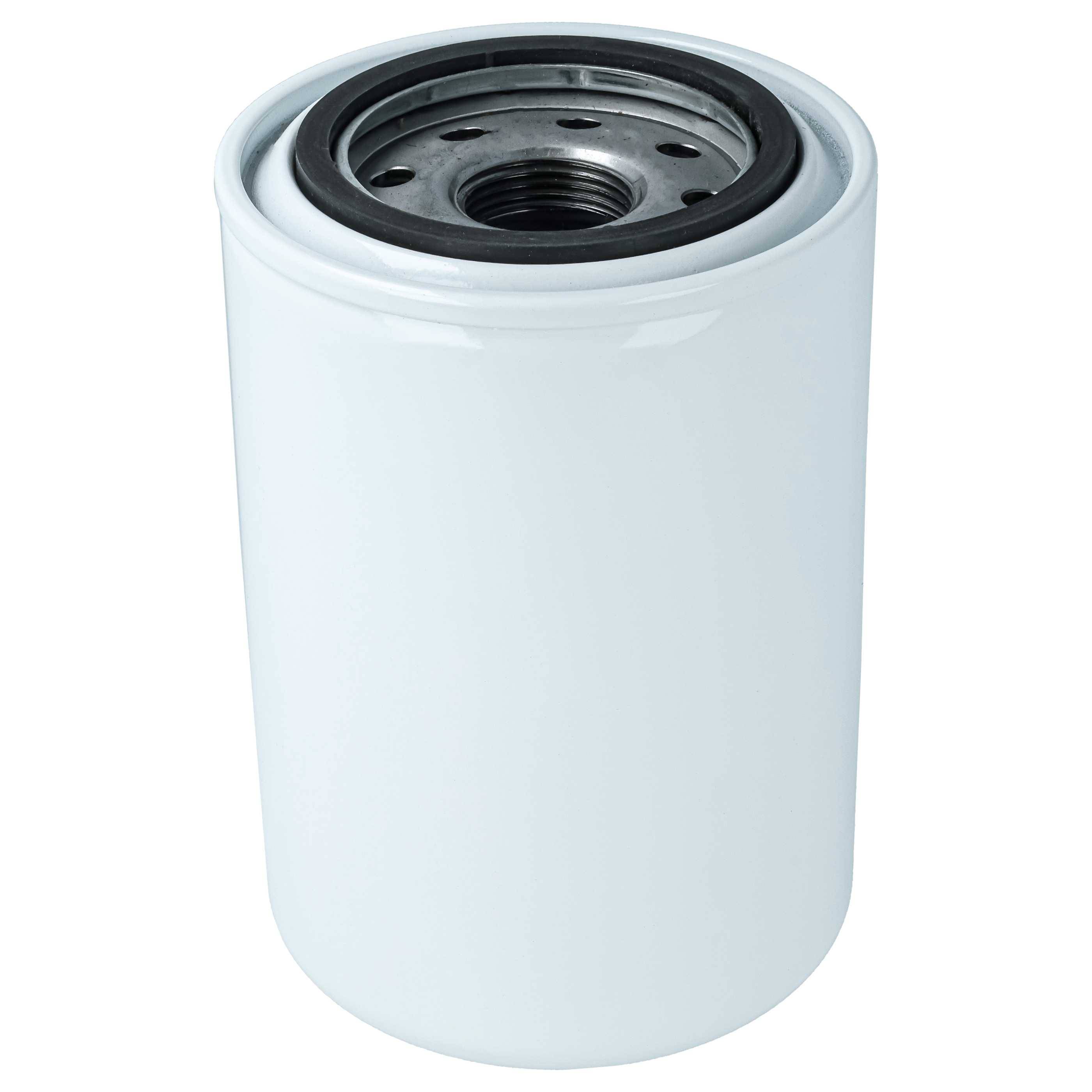Weißer zylindrischer Ölfilter auf neutralem Hintergrund dargestellt, mit schwarzer Gewindekopf aus Metall.