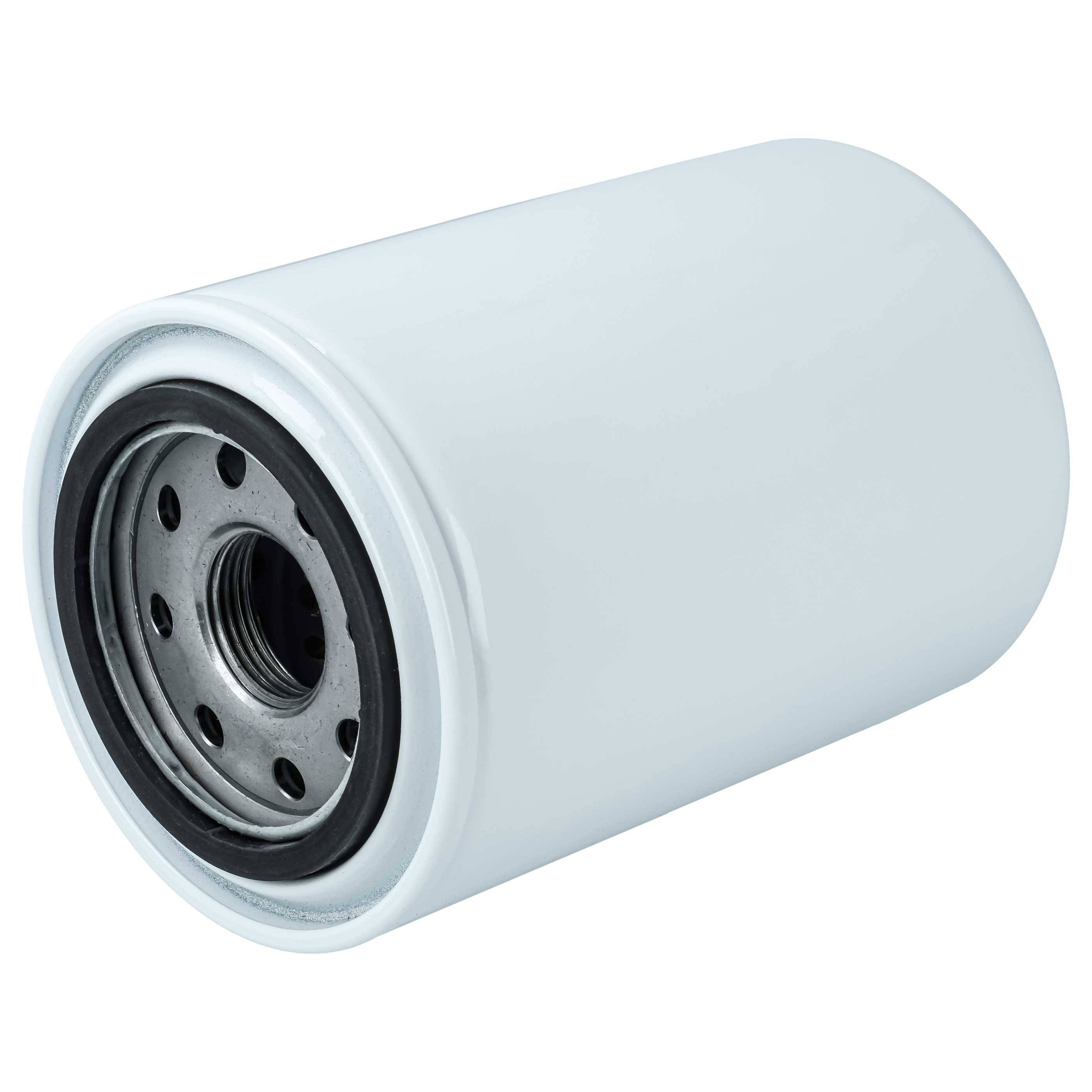 Weißer zylindrischer Ölfilter mit gewindeltem Metallsockel, dargestellt auf einem einfachen weißen Hintergrund.