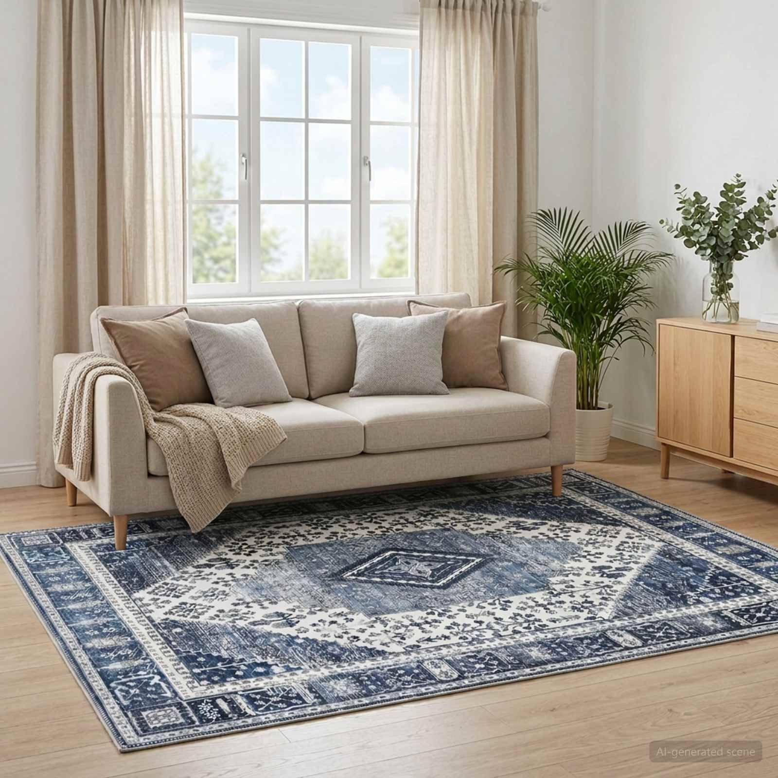 Beiges Sofa mit Kissen und Plaid in einem hellen Wohnzimmer, zentriert auf einem blaugemusterten Teppich neben einem Holzschrank und Pflanzen.