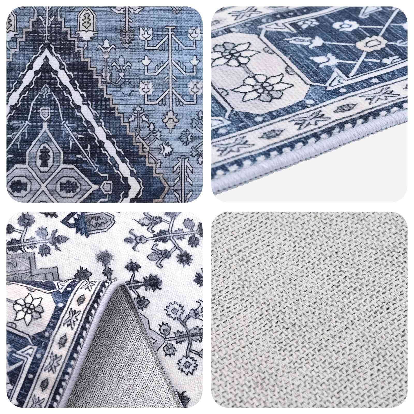 Collage mit einem gemusterten Webeteppich in Blau und Weiß, einschließlich Nahaufnahmen des Designs, der Kanteneinfassung und der strukturierten Rückseite.