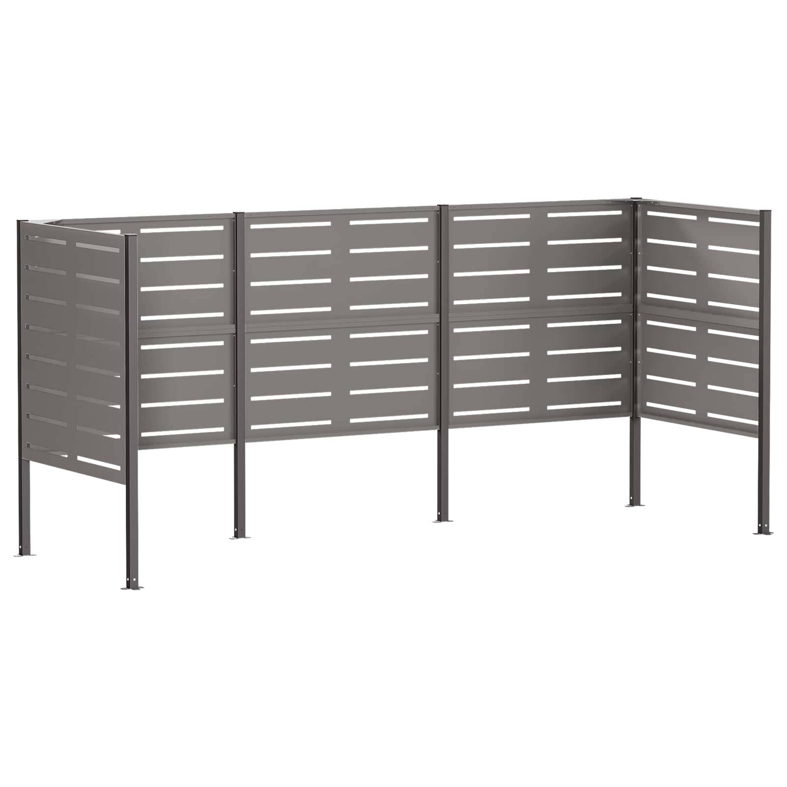 Graue Metalllamellen-Sichtschutzpanele auf vier Pfosten, dargestellt in einem modularen L-förmigen Abschnitt auf weißem Hintergrund.