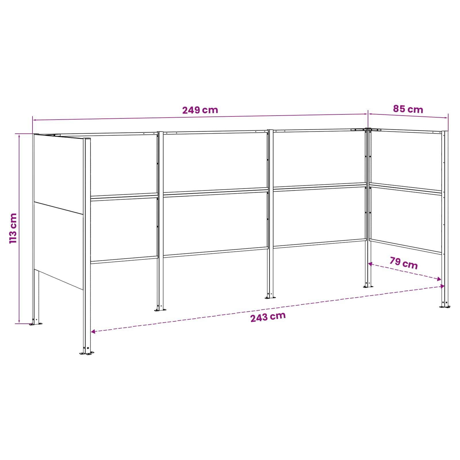 Technische Linienzeichnung eines modularen Regalsystems mit beschrifteten Abmessungen: 249 cm Breite, 113 cm Höhe, 85 cm Tiefe, mit einer Frontspannweite von 243 cm und einer Seitenspannweite von 79 cm.