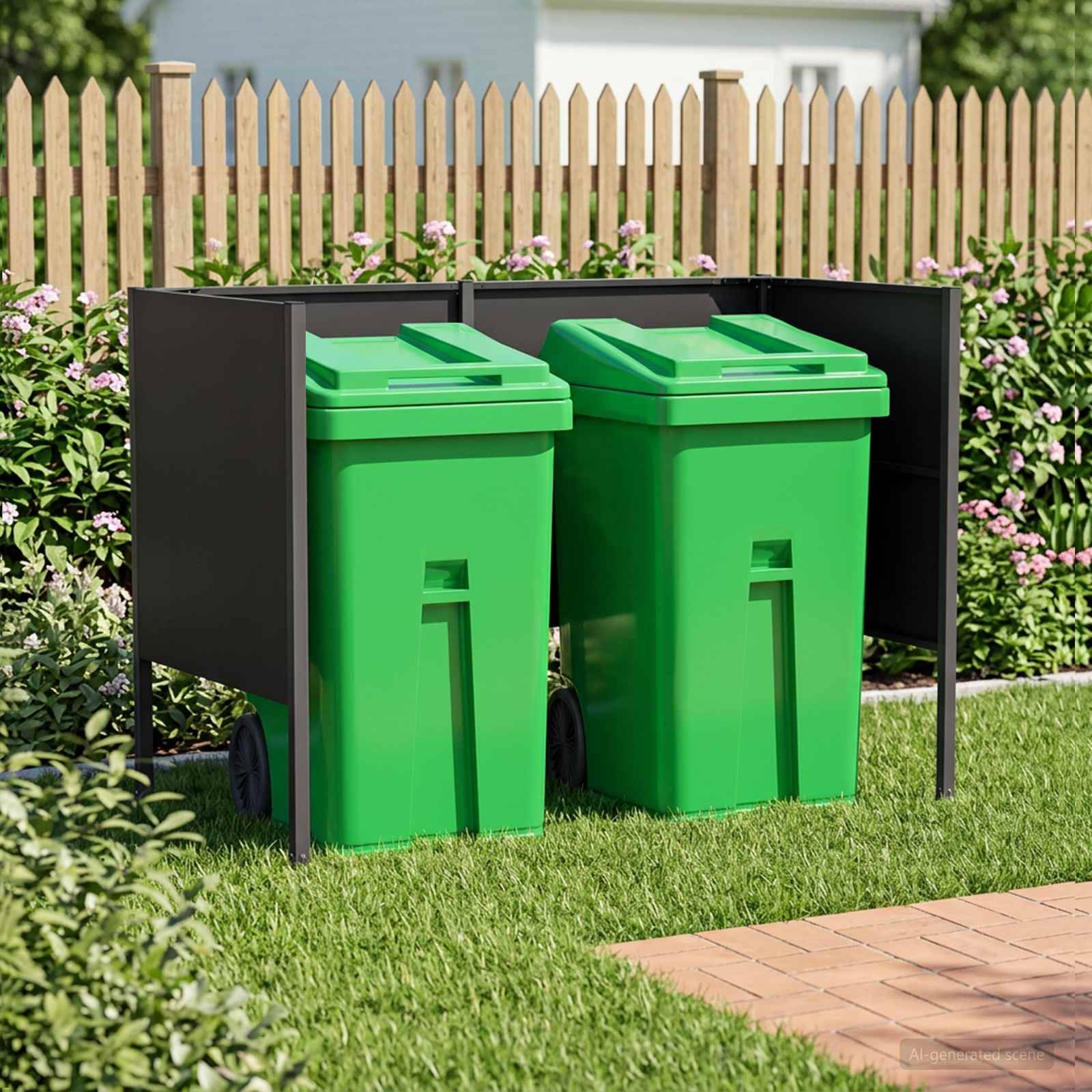 Zwei grüne Mülltonnen in einem schwarzen Außenlagerregal auf einem Rasen neben einem Zaun und einem Garten.
