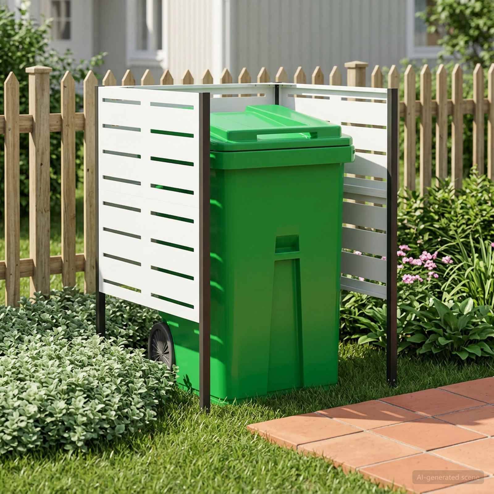 Grüne Mülltonnen-Behälter, die von einem weißen Lattenzaun in einem eingezäunten Garten neben einem gepflasterten Weg und Sträuchern umgeben sind.