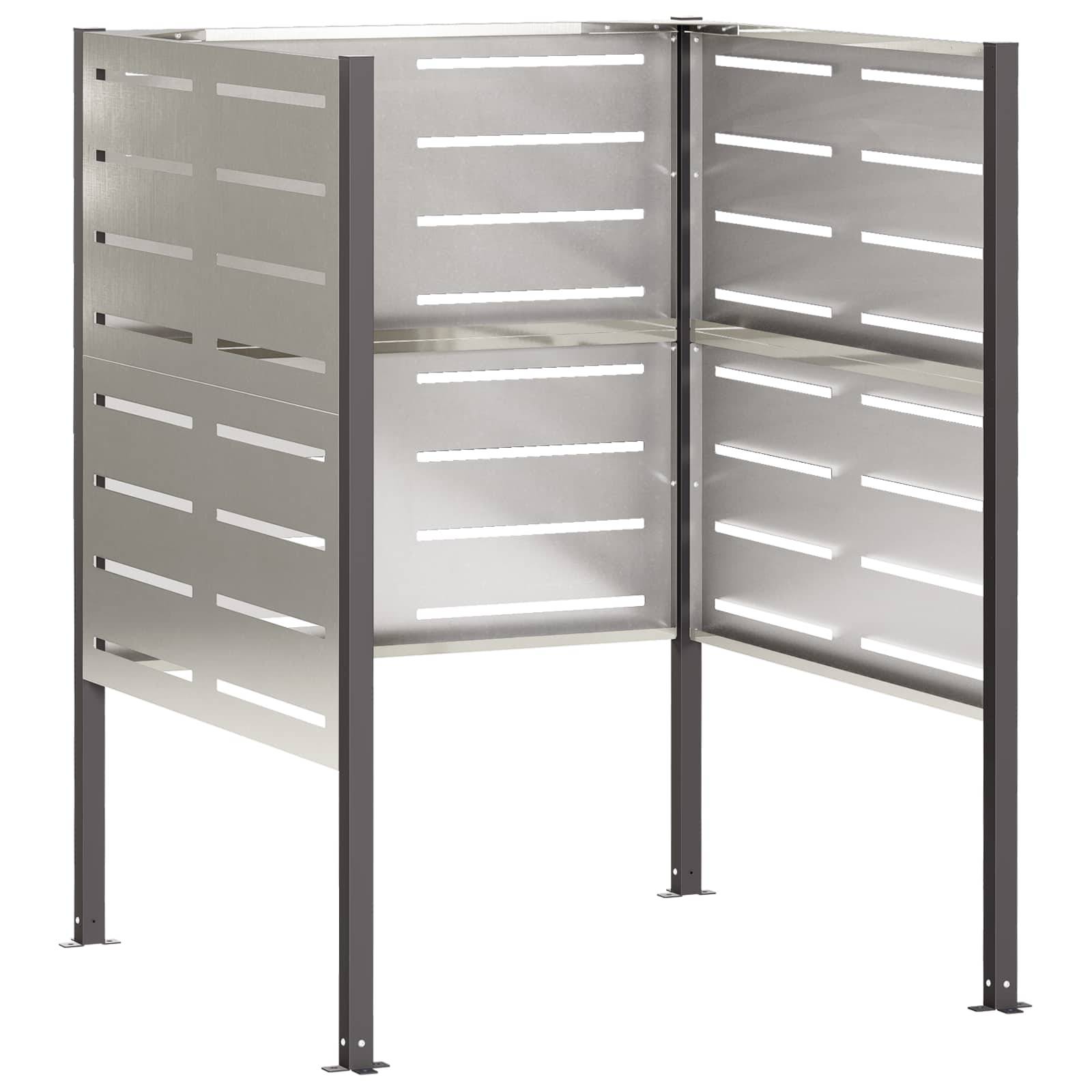 Dreiteiliger Metall-Sichtschutz mit horizontalen Lamellen, auf vier Beinen stehend vor weißem Hintergrund.