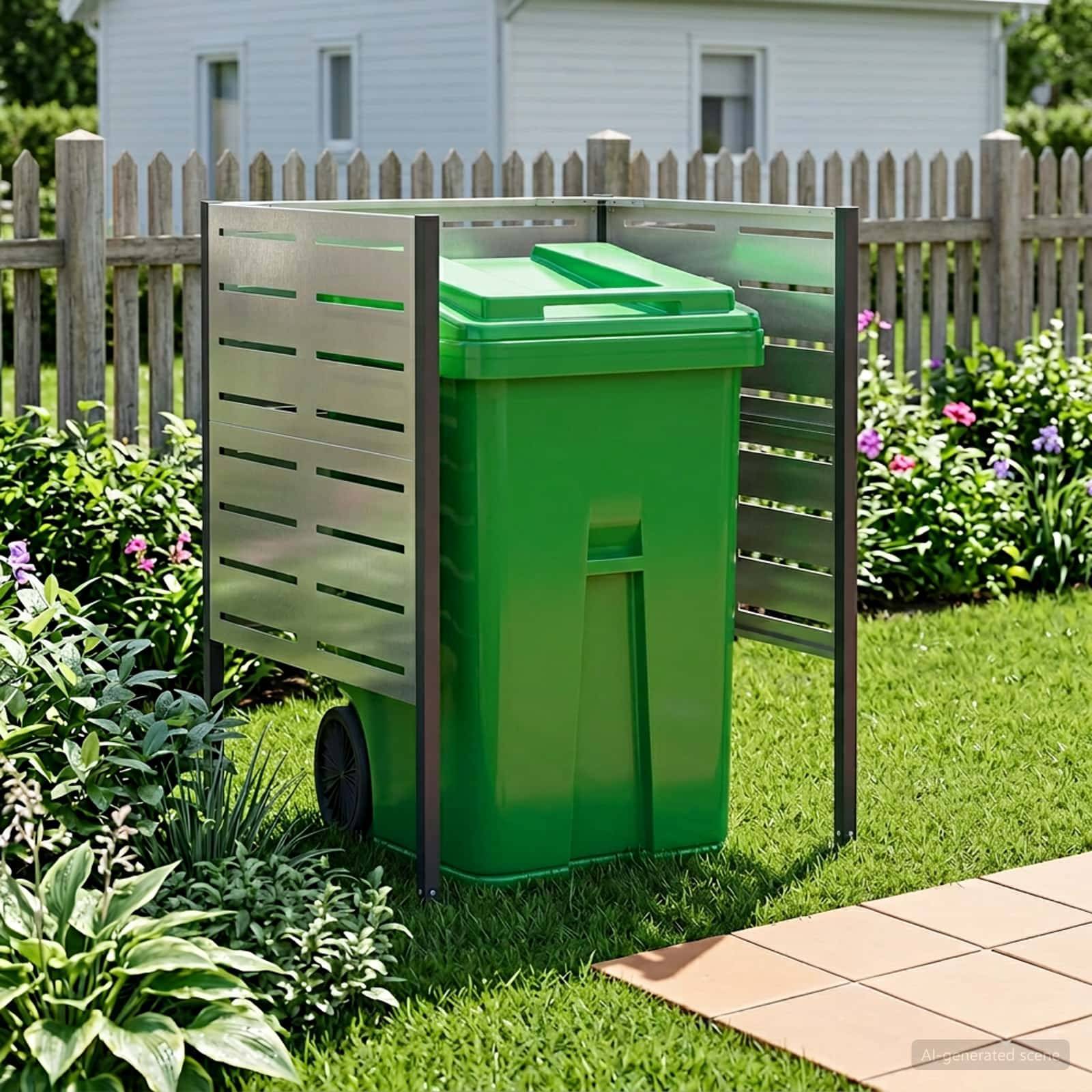 Grüne Mülltonne in einem Metallcontainer im Freien neben einer Wiese und einem Garten gelagert, mit einem Holzzaun und einem Haus im Hintergrund.