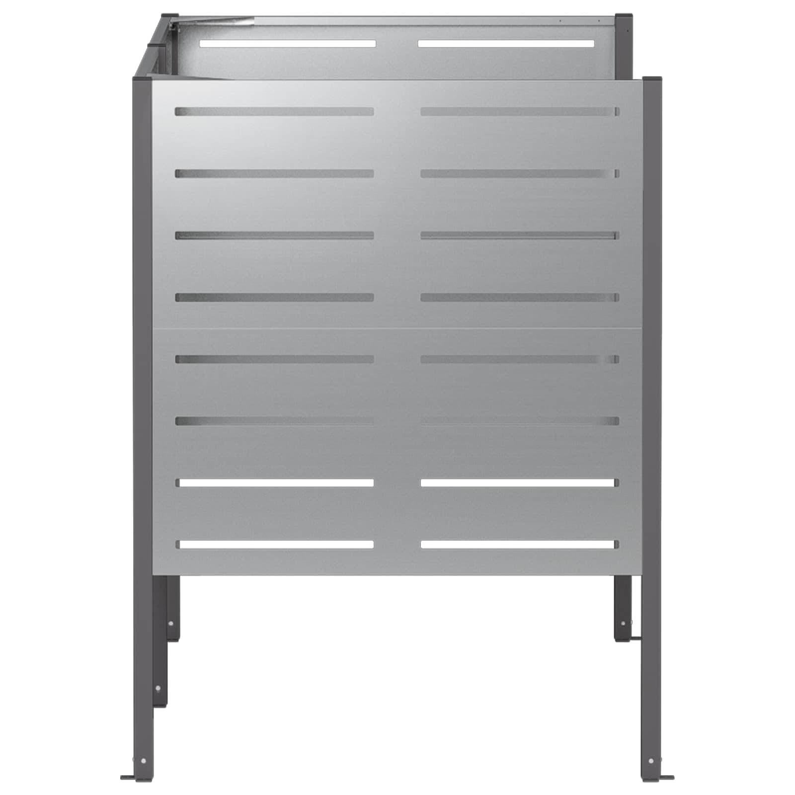 Rostfreier Außenpostkasten oder Abwurfbox aus Edelstahl mit horizontalen Schlitzen und vier Befestigungsbeinen, dargestellt in Vorderansicht auf neutralem Hintergrund.