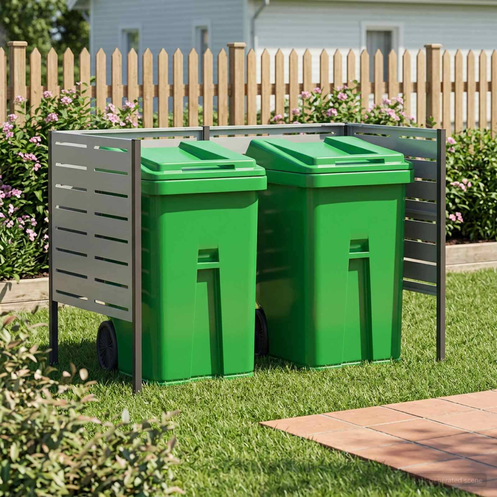 Zwei grüne Mülltonnen in einem metallenen Außengehäuse auf einem Rasen neben einer Terrasse, mit einem Lattenzaun und einem Haus im Hintergrund.
