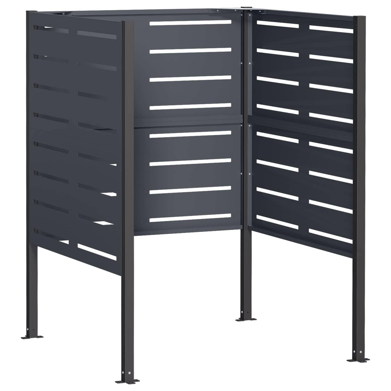 Dunkelgraue Metallsichtschutzwand oder Umhausung aus Lamellenpaneelen mit vier Beinen, die eine L-förmige Eckenstruktur bildet.
