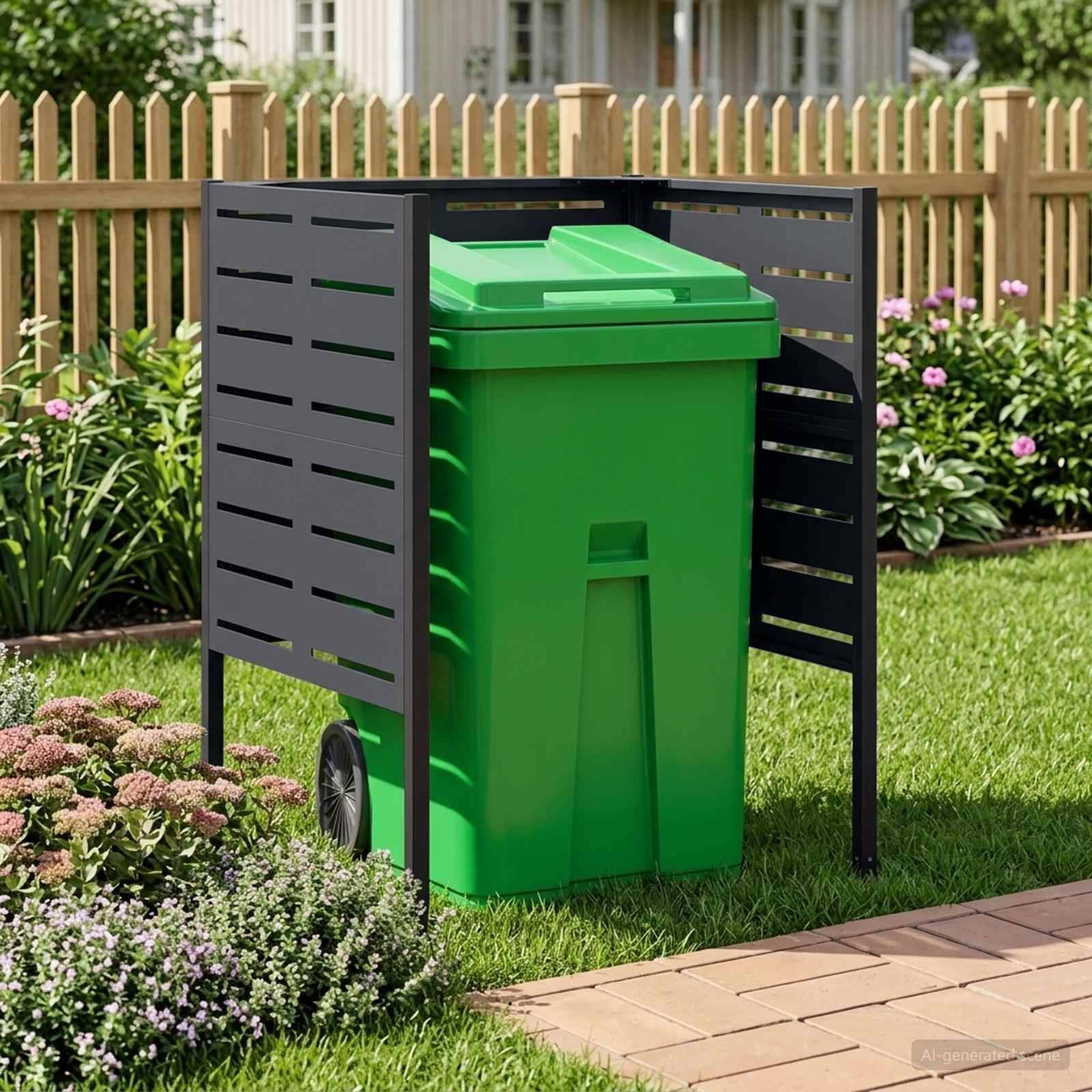 Grüne Mülltonne in einem schwarzen Lattengehäuse im Freien in einem gepflegten Garten, die die Tonne verdeckt und gleichzeitig den Zugang ermöglicht.