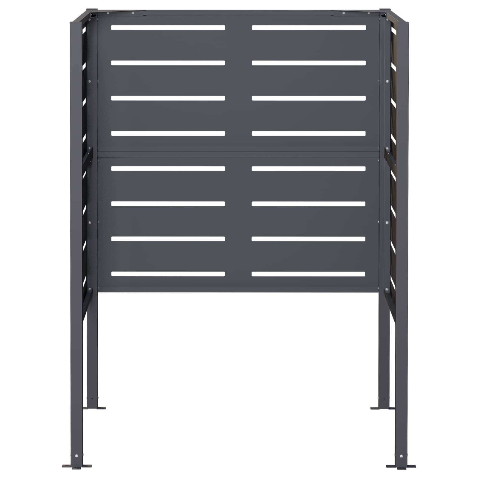 Dunkelgrauer Metall-Sichtschutz oder Stellwand mit horizontalen Lamellen und vier Stützbeinen, freigestellt auf weißem Hintergrund.