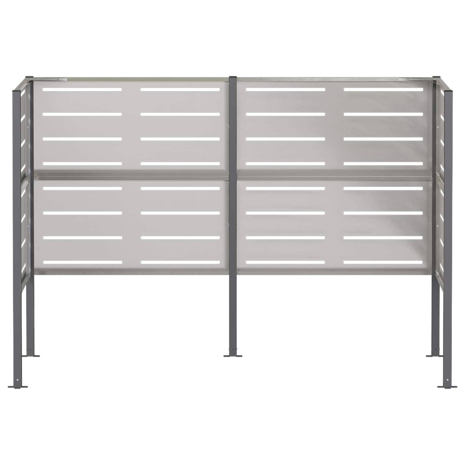 Grauer Metallsichtschutz-Zaunpanel mit horizontalen Latten und vier Stützpfosten, gezeigt auf weißem Hintergrund.