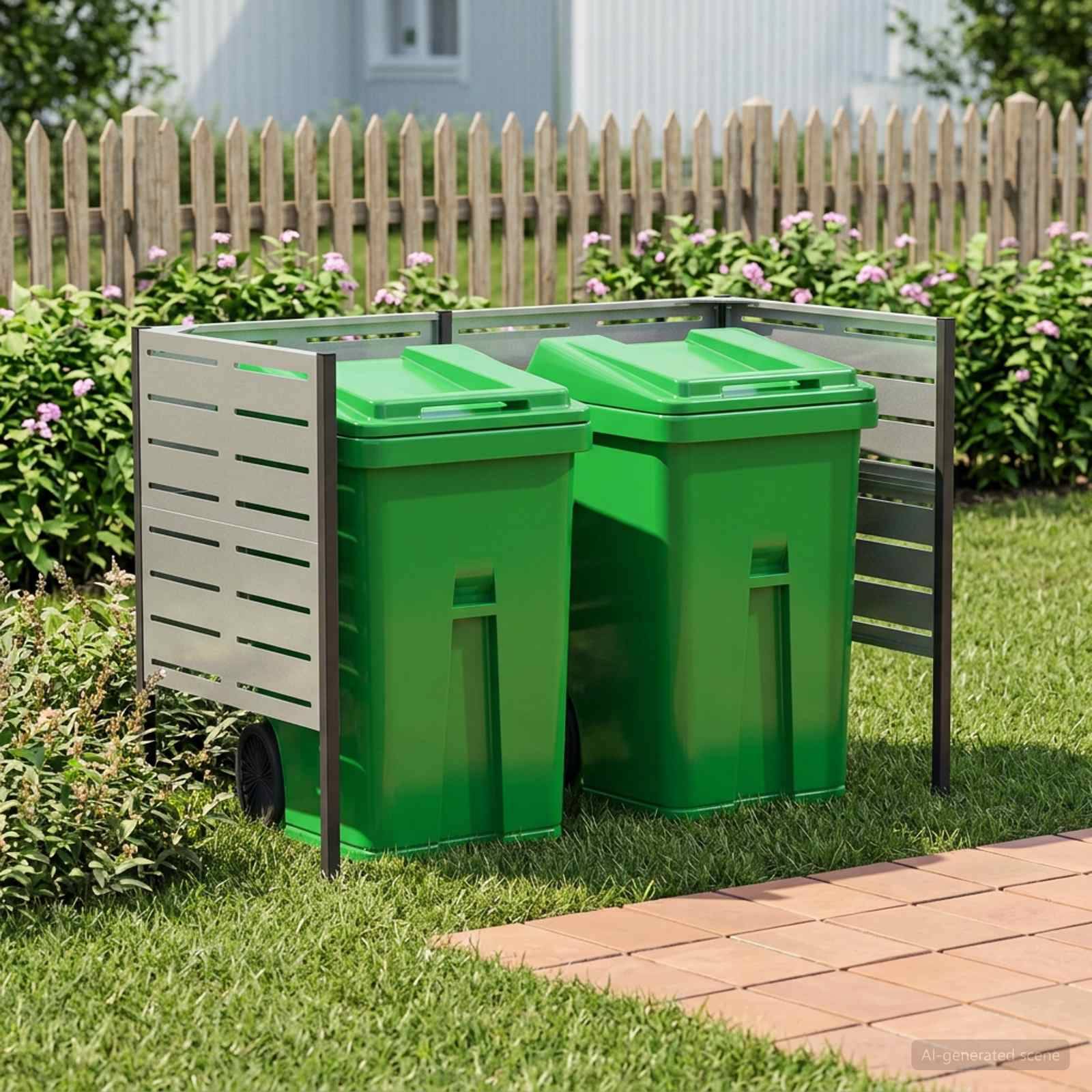 Zwei grüne Mülltonnen in einem Metallgehäuse neben einem Rasen und einem Blumenbeet, mit einem Holzzaun im Hintergrund.