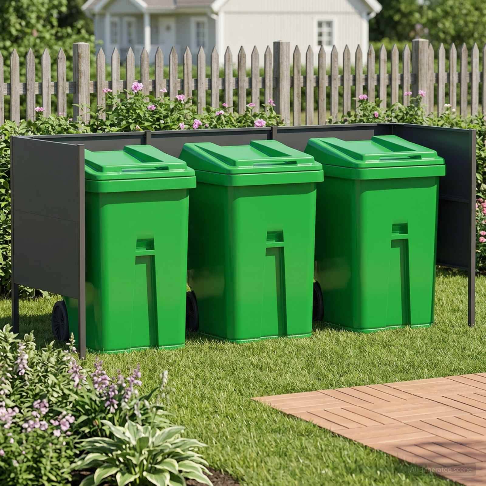 Drei leuchtend grüne Mülltonnen in einem Metallunterstand stehen auf einem Rasen neben einem Holzweg, mit einem Lattenzaun und einem Haus im Hintergrund.