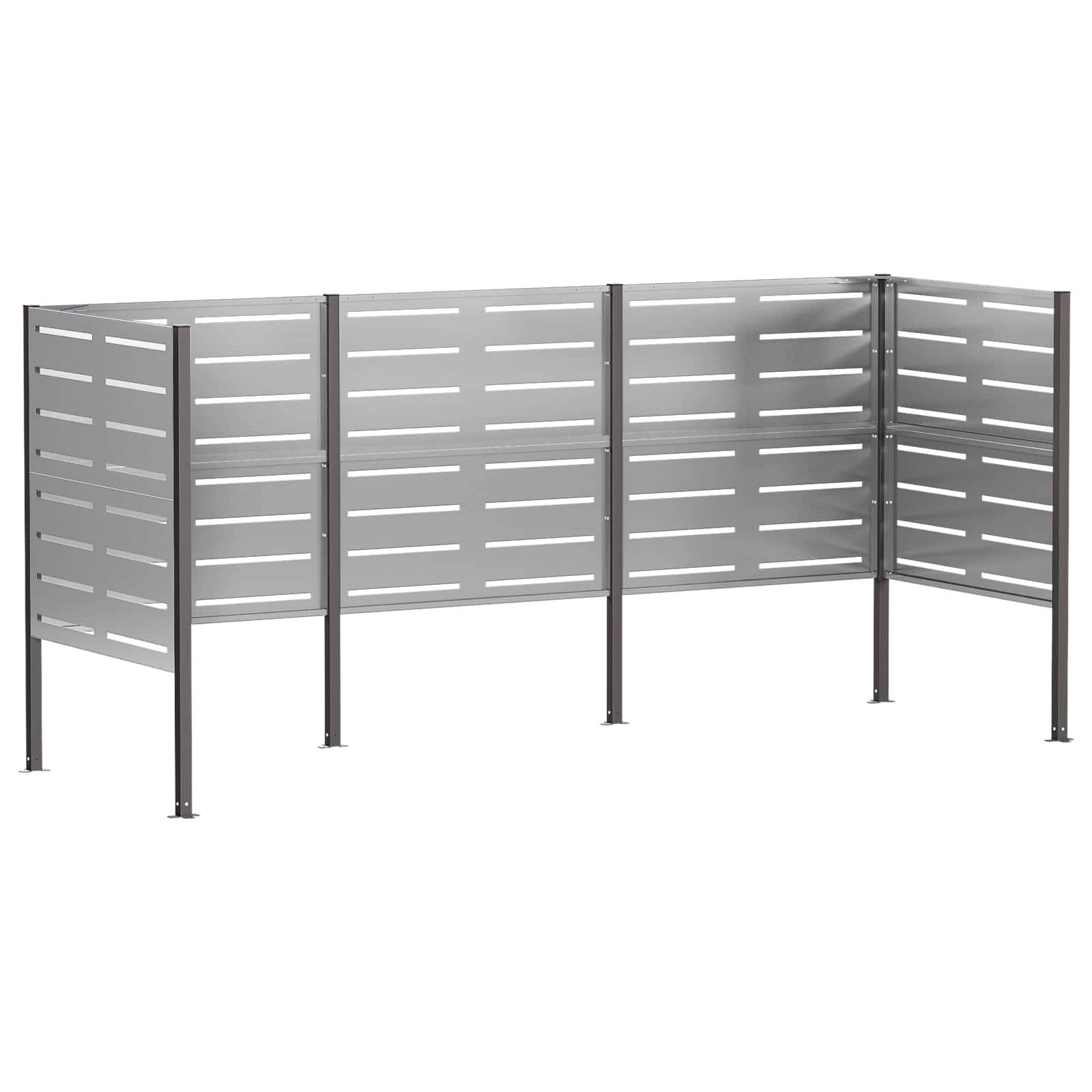 Grauer Metallsichtschutz mit Lamellenpaneelen auf Pfosten, die eine halboffene Außenbarriere bilden.
