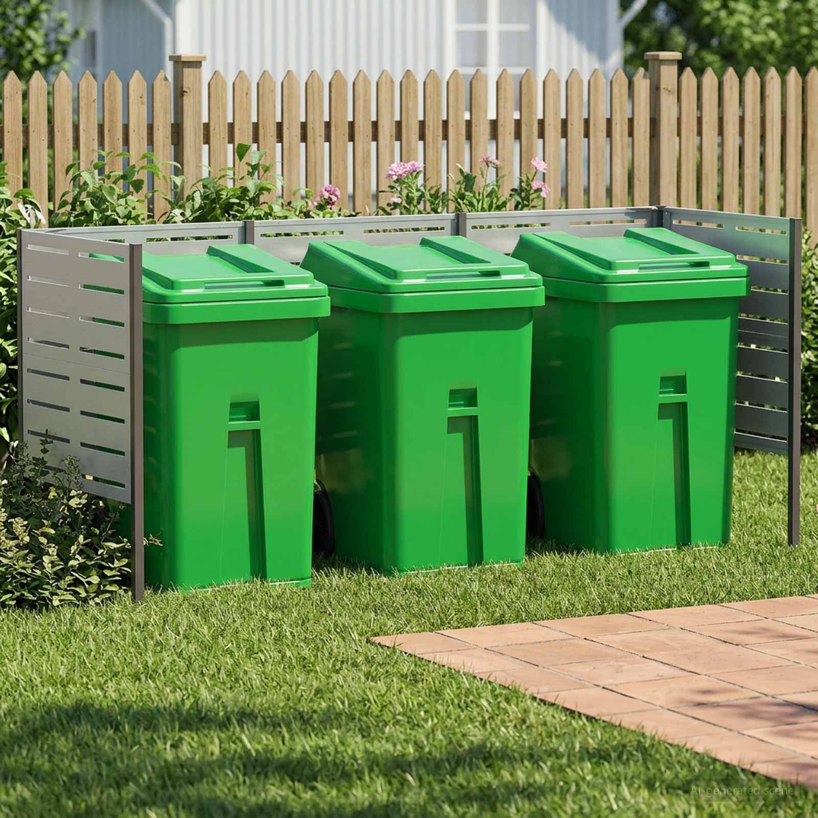 Drei leuchtend grüne Mülltonnen stehen in einem Metallgehäuse in einem Hinterhof neben einem Holzzaun und einer Rasenfläche.