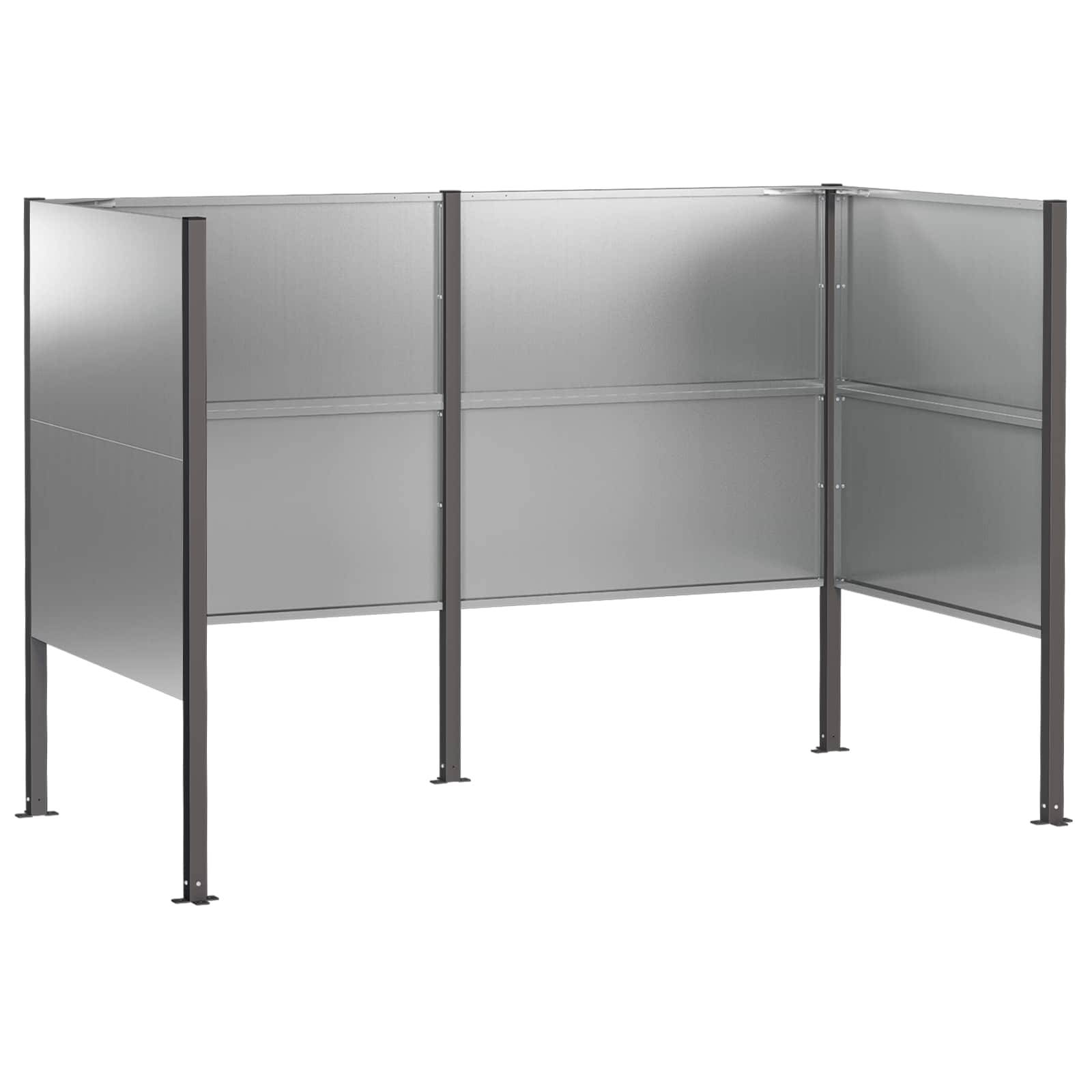Grauer Metall-Sichtschutz mit drei Paneelen für das Büro mit Pfosten und Seitenpaneelen, dargestellt auf weißem Hintergrund.
