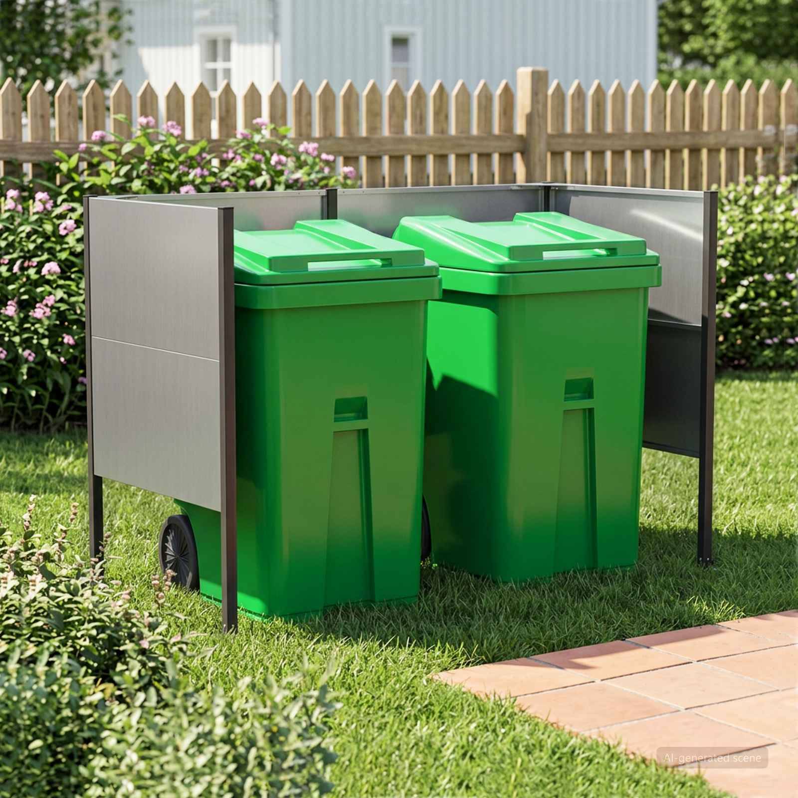 Zwei grüne Mülltonnen, die in einem metallenen Außenmüllbehälter auf einem Rasenplatz neben einem gepflasterten Weg und einem Holzzaun gelagert sind.