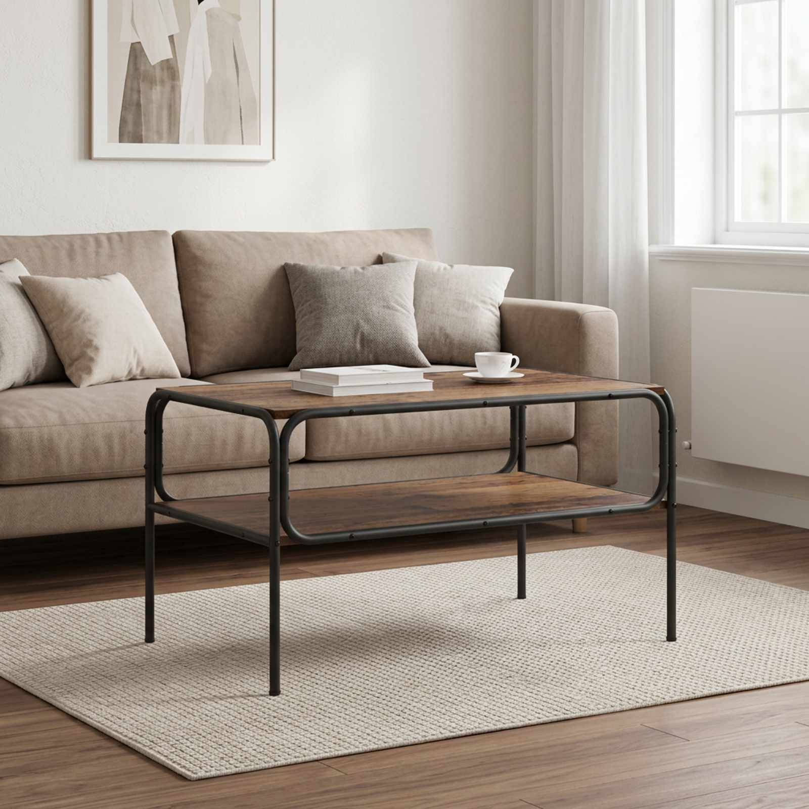 Modernes Wohnzimmer mit beigem Sofa, Couchtisch aus Holz und Metall, Teppich, gerahmter Wandkunst und hellem Fensterlicht.