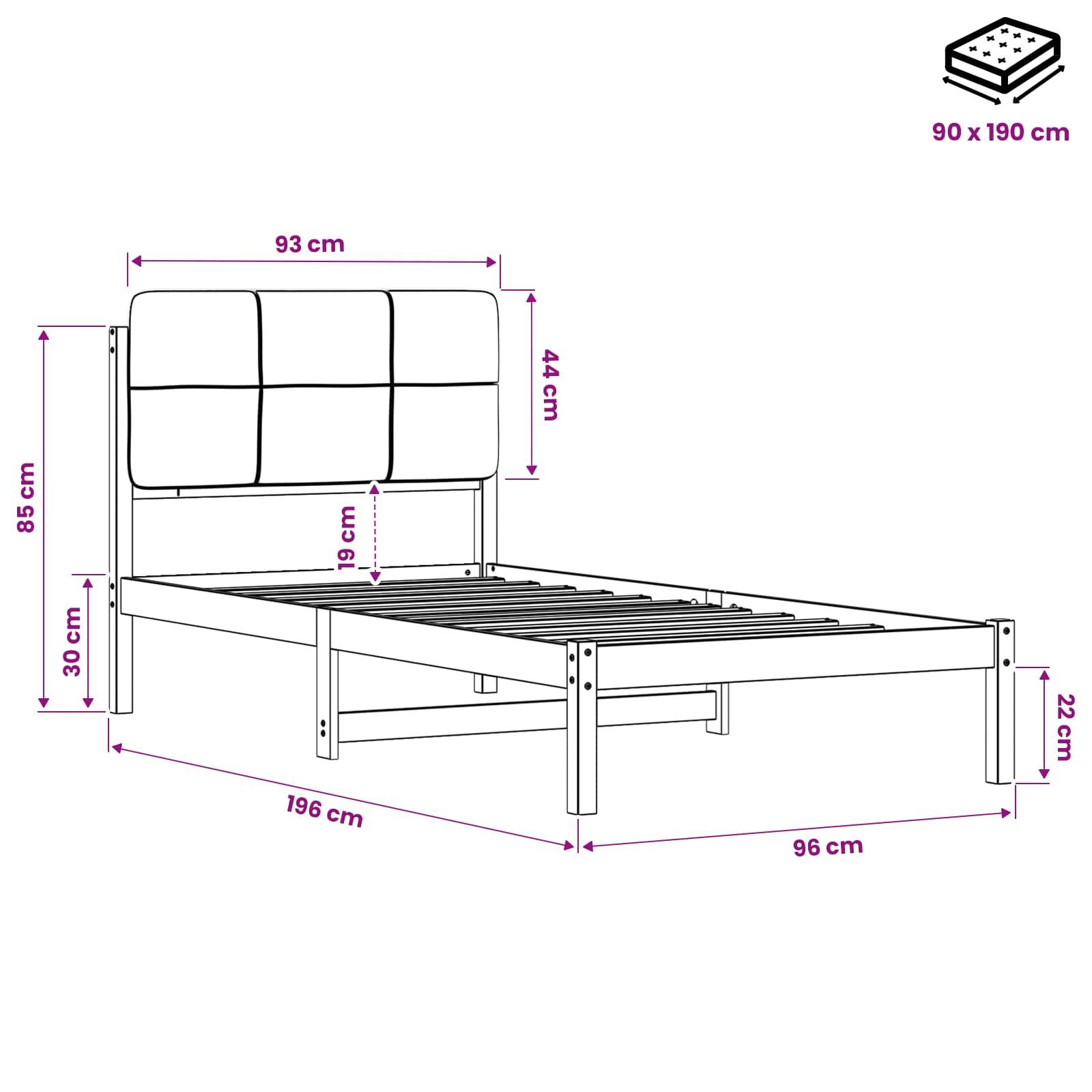 Maßstabgerechte Linienzeichnung eines Bettgestells mit gepolstertem Kopfteil, das die Gesamtgröße von 196 x 96 cm und die Abmessungen des Kopfteils zeigt.