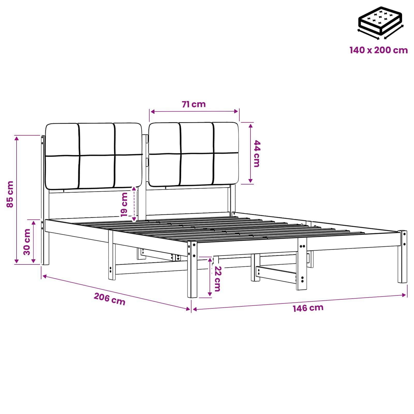 Maßstabgetreue Zeichnung eines Bettgestells mit gepolstertem Kopf- und Fußteil, die Matratzenabmessungen 140 x 200 cm und wichtige Messwerte zeigt: 206 cm Länge, 146 cm Breite, 85 cm Kopfteilhöhe.