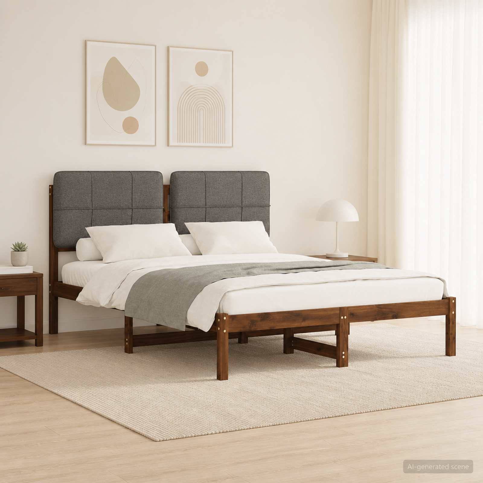 Modernes Schlafzimmer mit Holzbett, grauem Polsterkopfteil, weißer Bettwäsche, Nachttischen, gerahmter abstrakter Kunst und weichem Naturlicht.