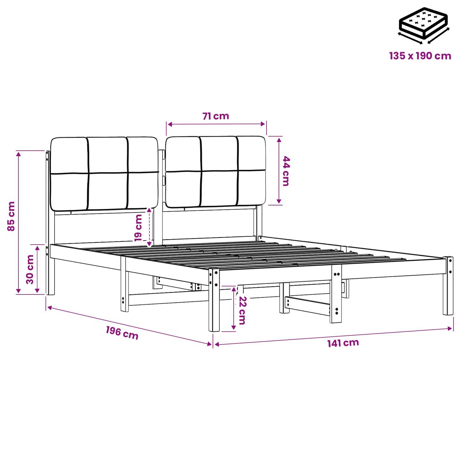Maßstabgerechte Zeichnung eines Bettgestells mit gepolstertem Kopfteil und Lattenrost, beschriftet mit 135 x 190 cm, mit Gesamtabmessungen in Zentimetern.