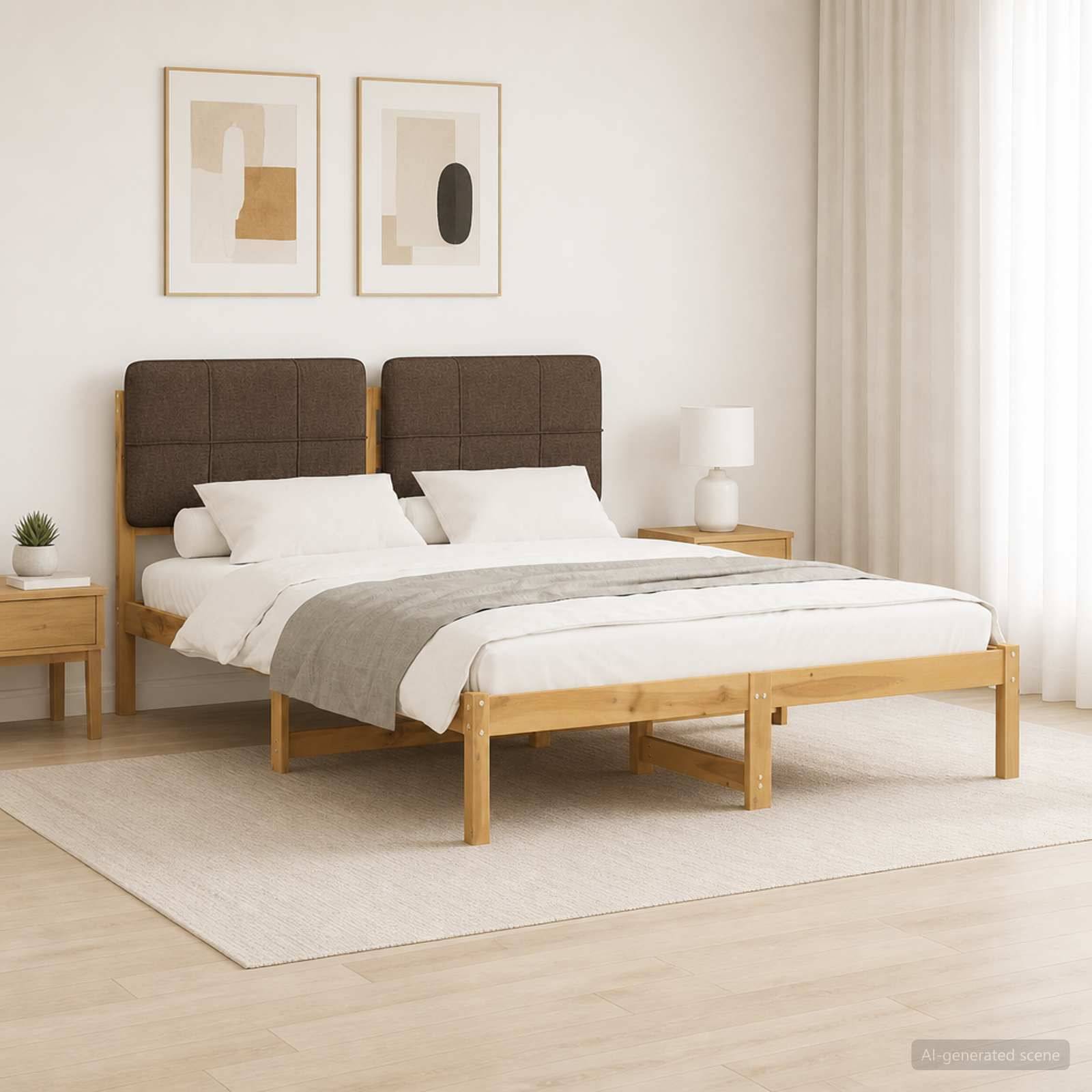 Minimales Schlafzimmer mit einem Holzbett, weißer Bettwäsche, braun gepolstertem Kopfteil, zwei Nachttischen, abstrakter Wandkunst und durchscheinenden Vorhängen.