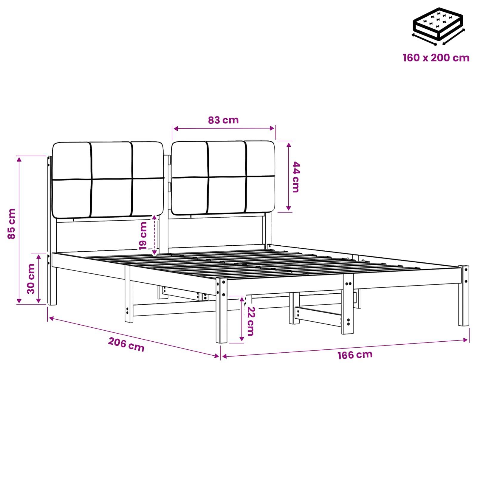 Maßstabgerechte Linienzeichnung eines Bettgestells mit Kopfteil, beschriftet mit 160 x 200 cm, zeigt Gesamtgröße und wichtige Abmessungen in Zentimetern.