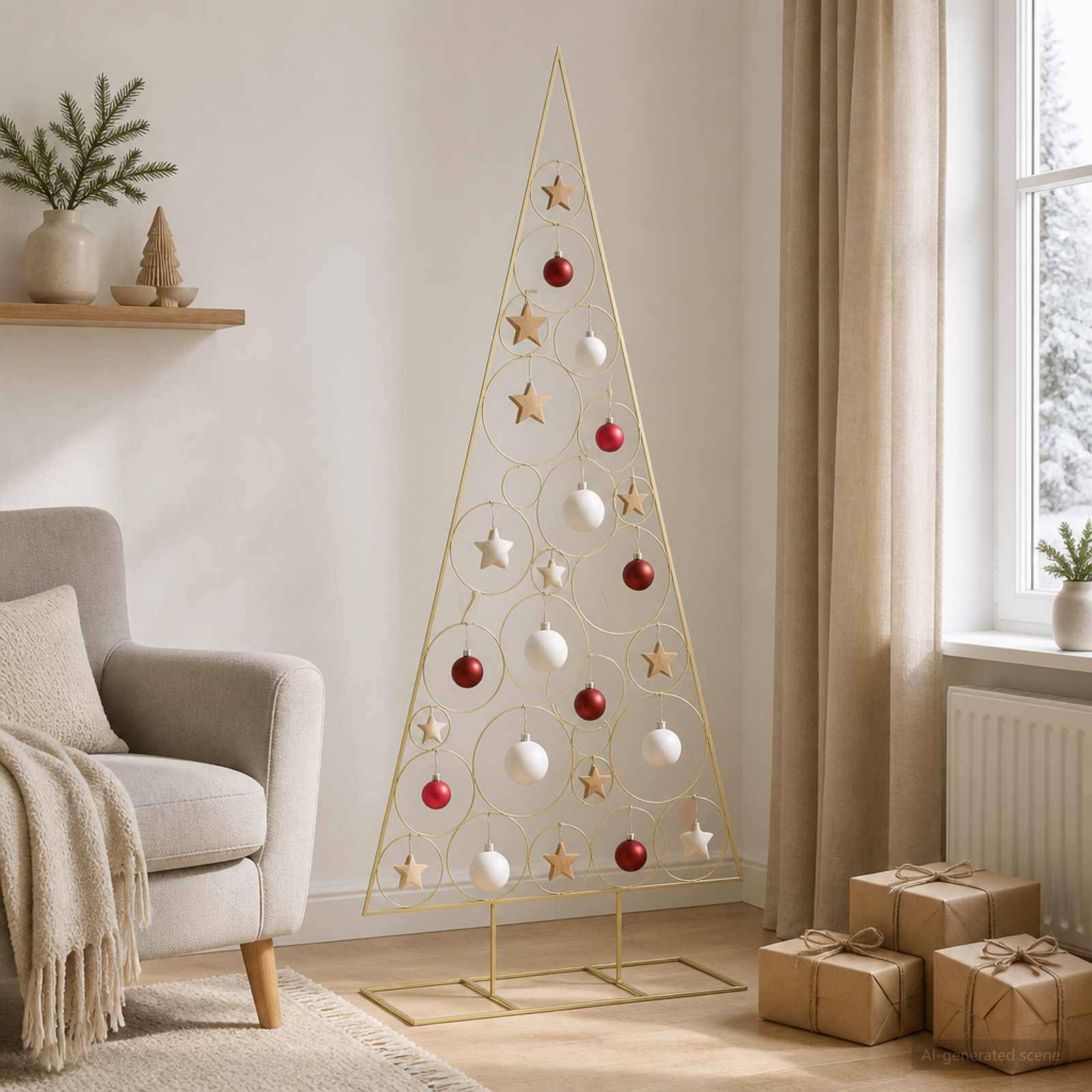 Minimalistischer Weihnachtsbaum aus goldenen Drahtkreisen und Sternen, dekoriert mit roten und weißen Kugeln, in einem hellen Wohnzimmer mit eingepackten Geschenken in der Nähe.