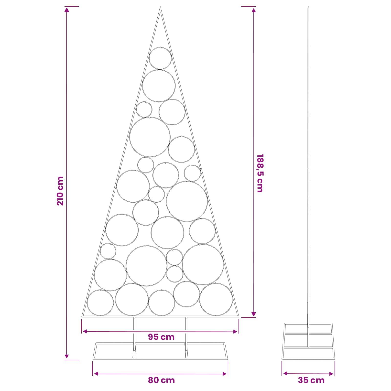 Technisches Diagramm eines dreieckigen Displayständers mit kreisförmigen Ausschnitten, mit den Abmessungen 210 cm Höhe, 95 cm Breite, 80 cm Basis und 35 cm Tiefe.