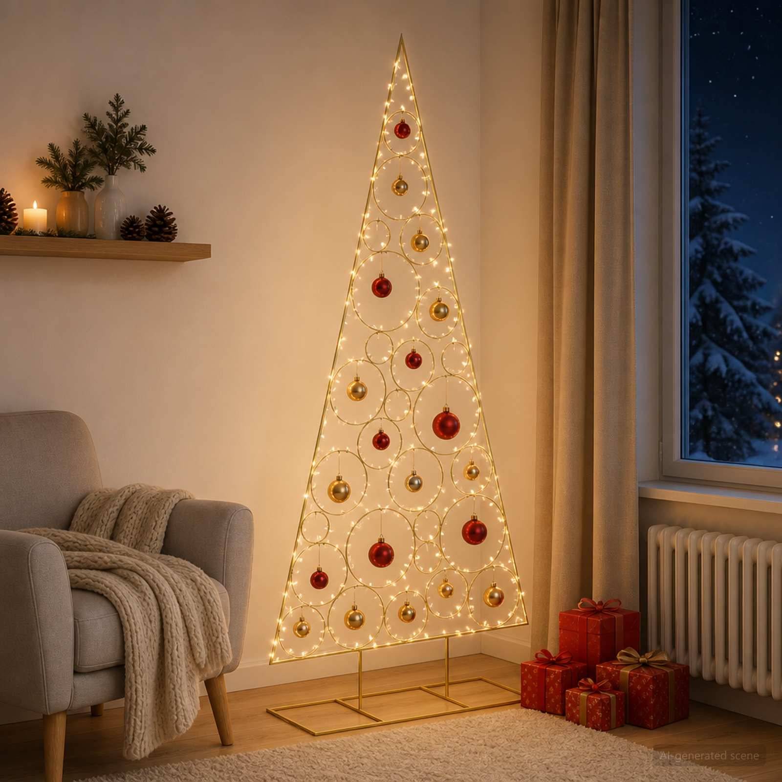 Minimalistisch beleuchteter Weihnachtsbaum mit roten und goldenen Kugeln in einem gemütlichen Wohnzimmer neben Geschenken, Sessel und Fenster