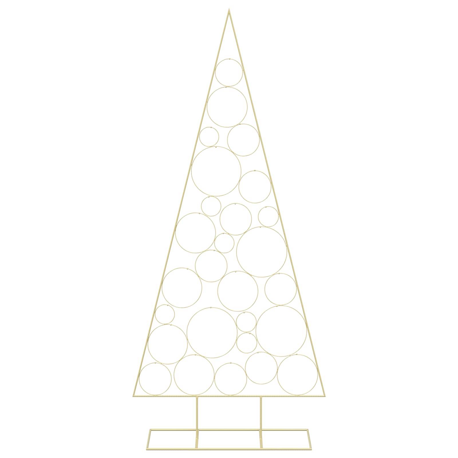 Minimalistische Strichzeichnung eines Weihnachtsbaums aus Kreisen innerhalb einer dreieckigen Kontur auf einem kleinen rechteckigen Ständer, ohne Farbe oder Dekoration.