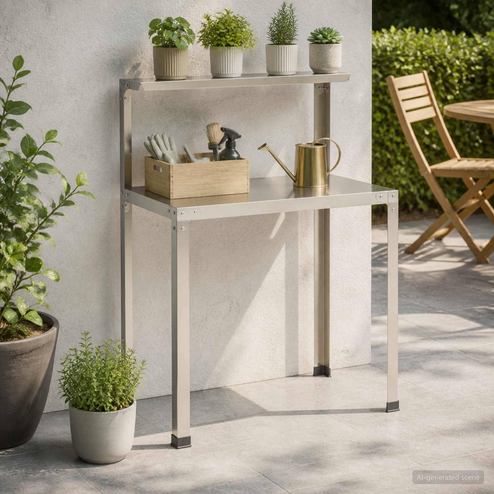 Outdoor-Pottiertisch mit Kräutertöpfen, Gartengeräten und einer Gießkanne neben einem Terrassenstuhl und -tisch.