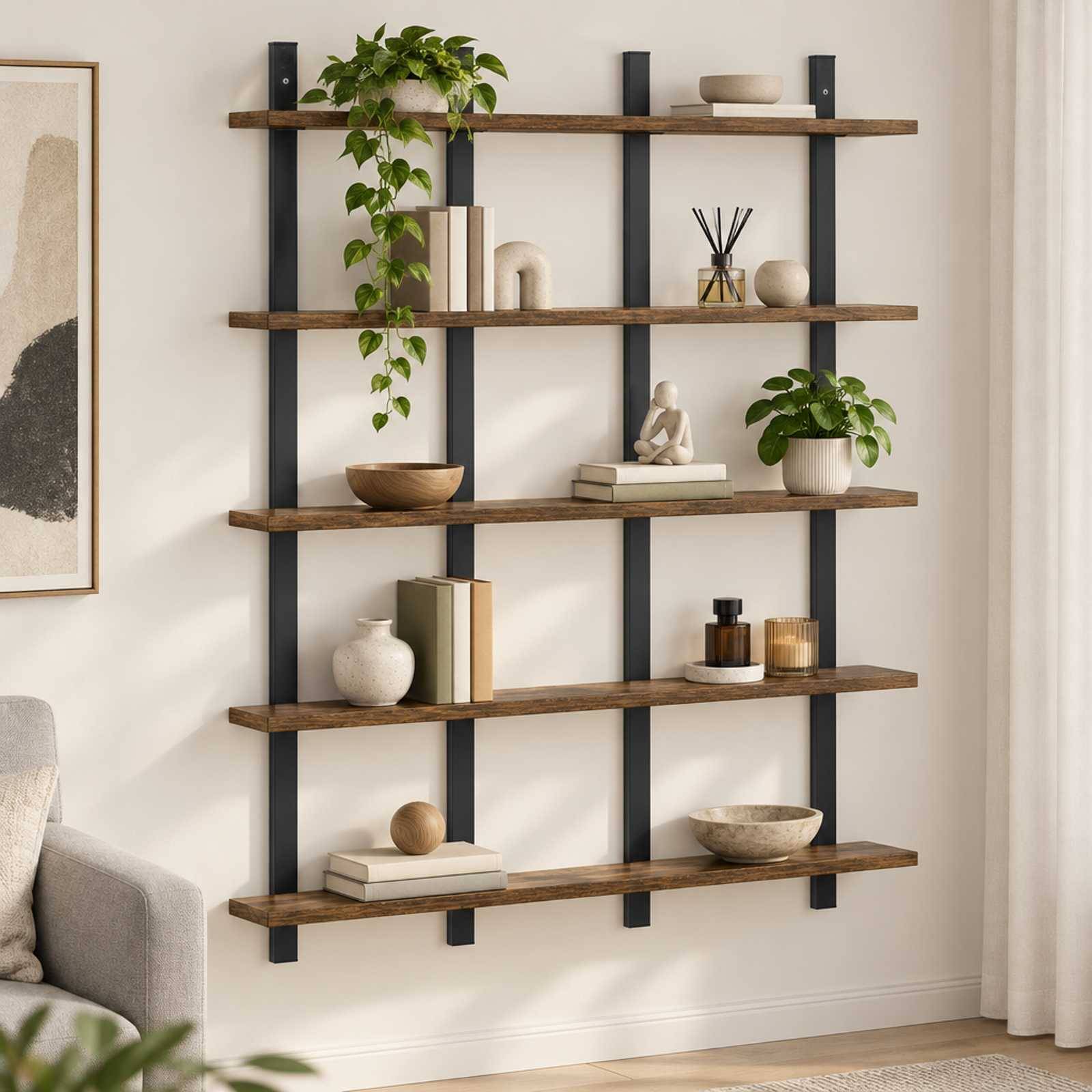 Wandmontiertes Holzregal-System mit schwarzen Halterungen, dekoriert mit Büchern, Pflanzen, Schalen und dekorativen Objekten in einem modernen Wohnzimmer.