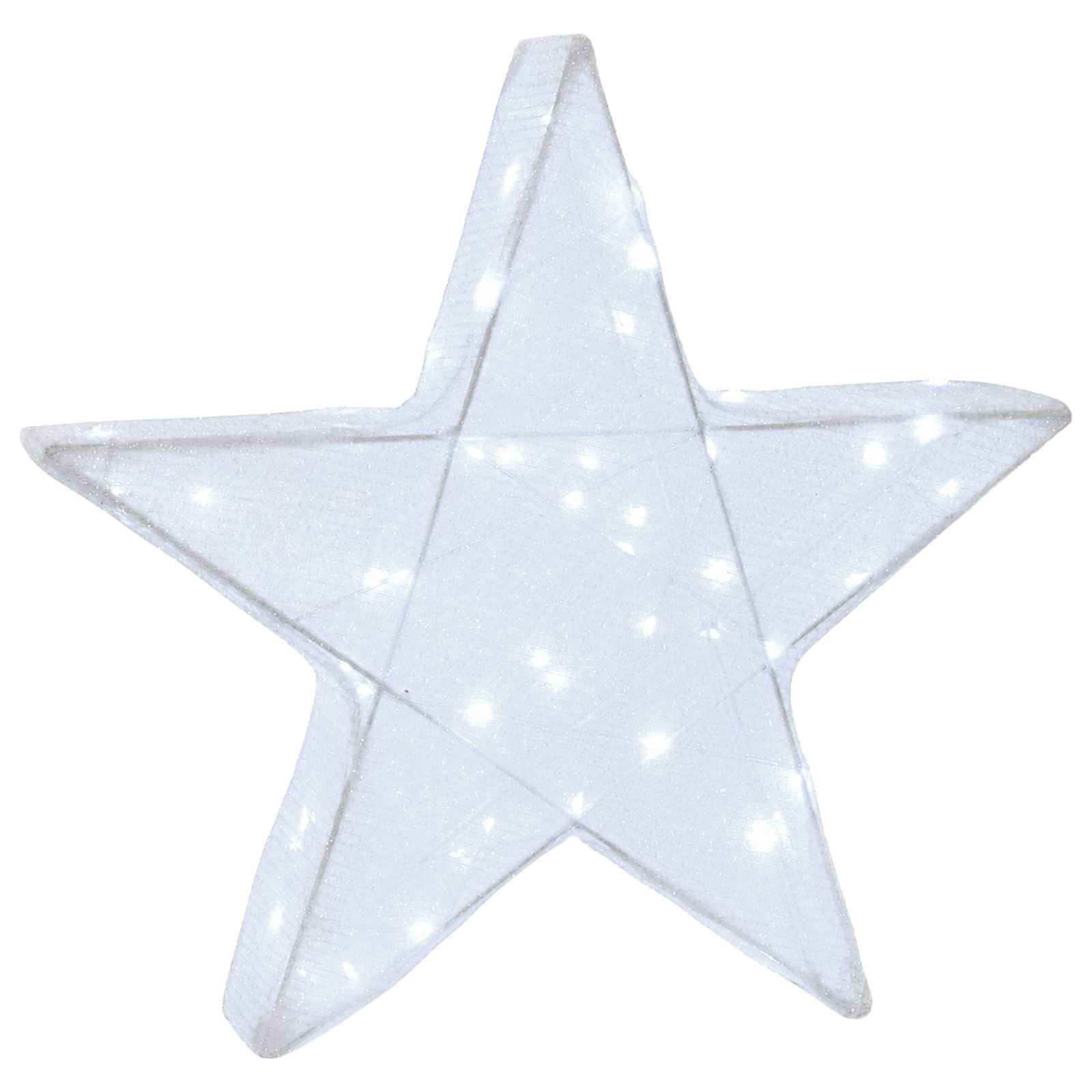 Weiße durchscheinende fünfzackige Sterndekoration mit winzigen eingebauten Lichtern auf einfachem Hintergrund.