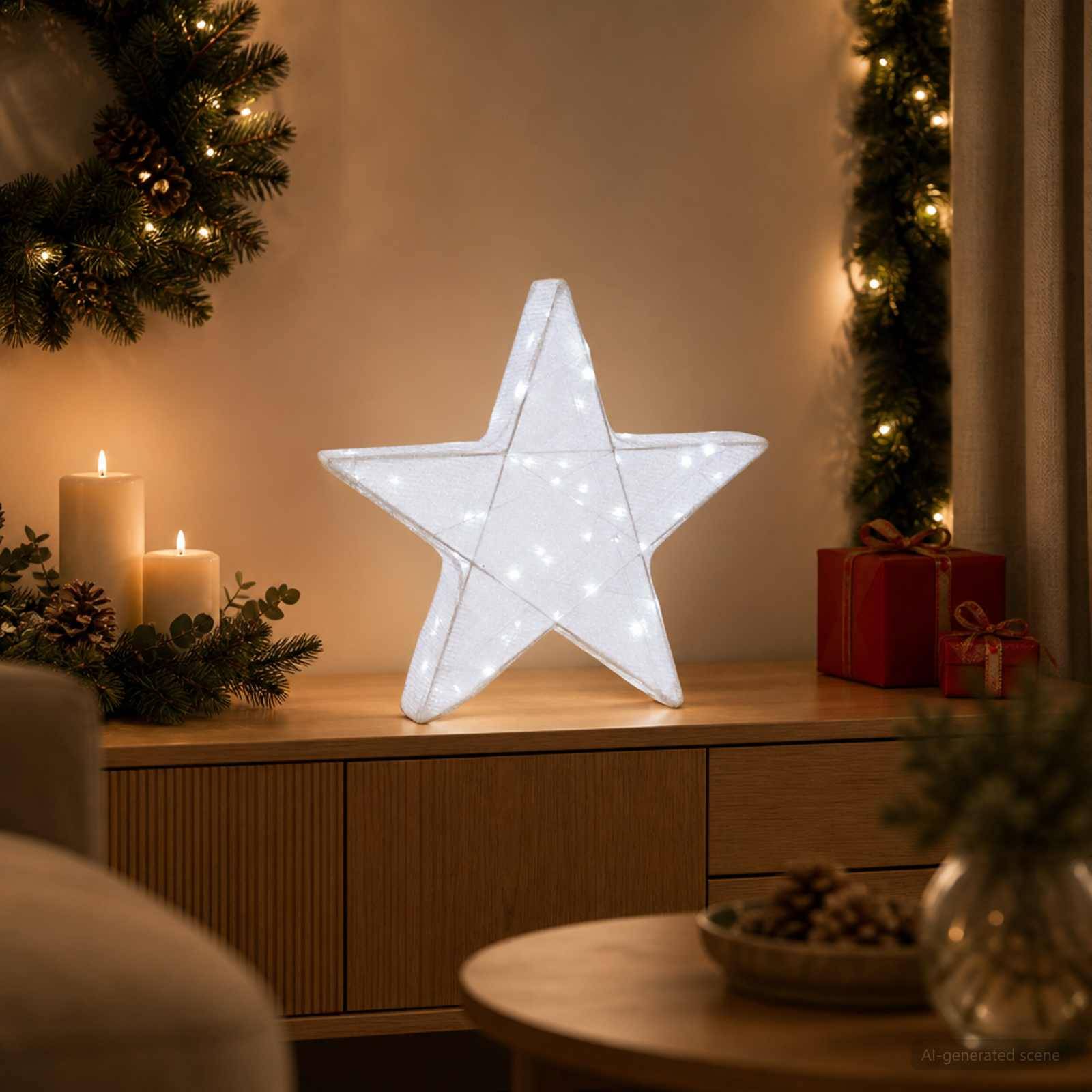 Leuchtender weißer Sterndekoration auf einem Holzschrank, mit Kerzen, Girlanden mit Lichtern und verpackten Geschenken, die eine festliche Weihnachtsszene schaffen.